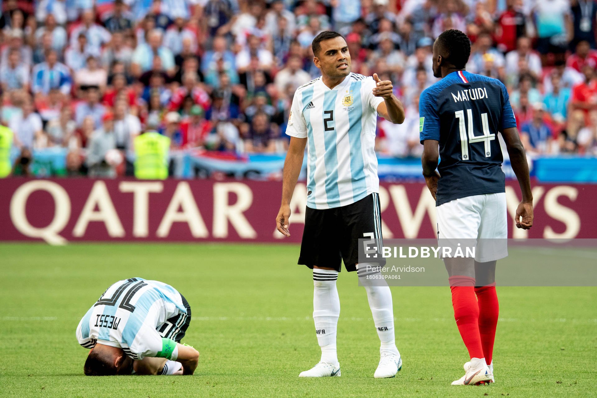 Lionel Messi, Gabriel Mercado of Argentina and Blaise