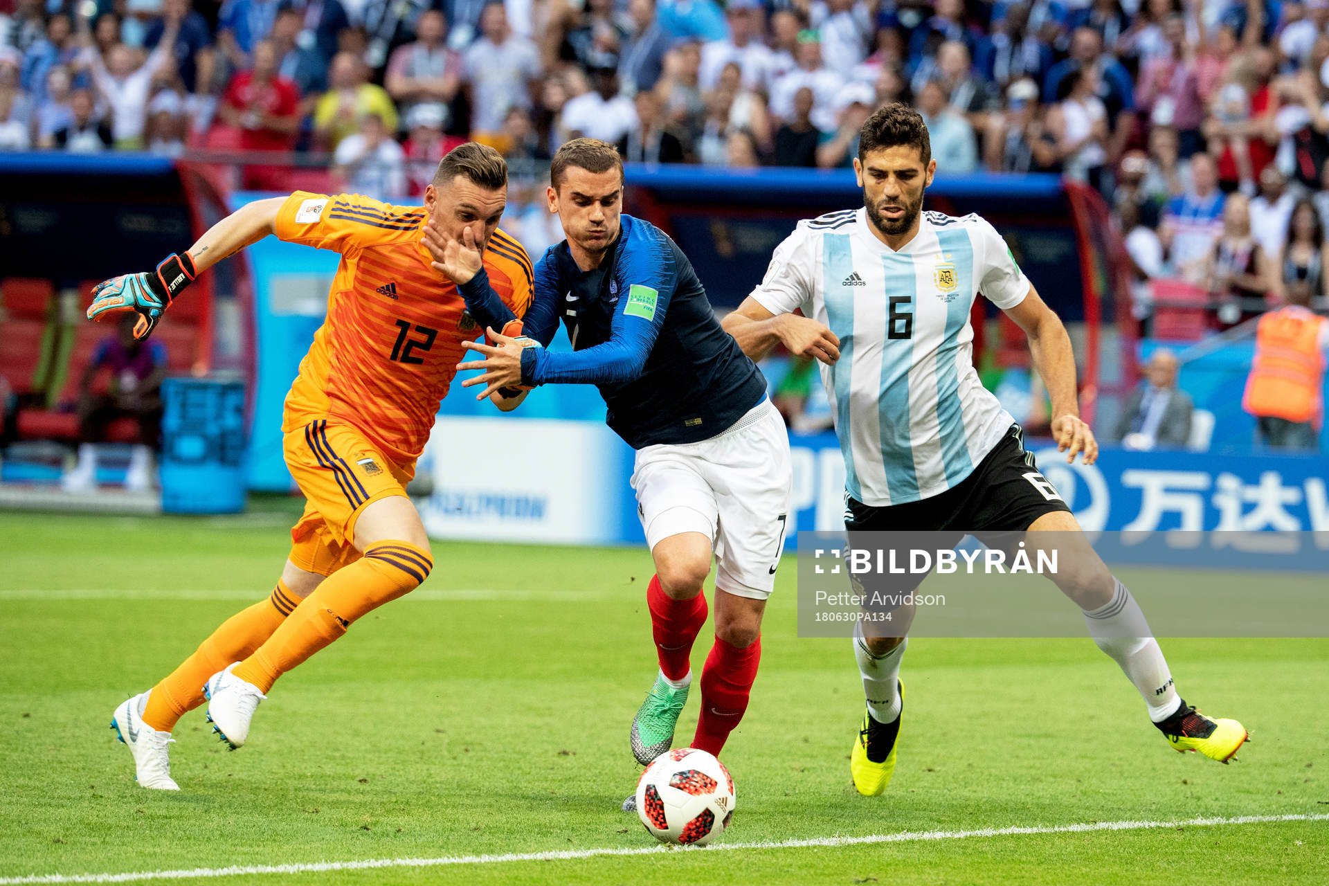 Antoine Griezmann of France and goalkeeper Franco Armani