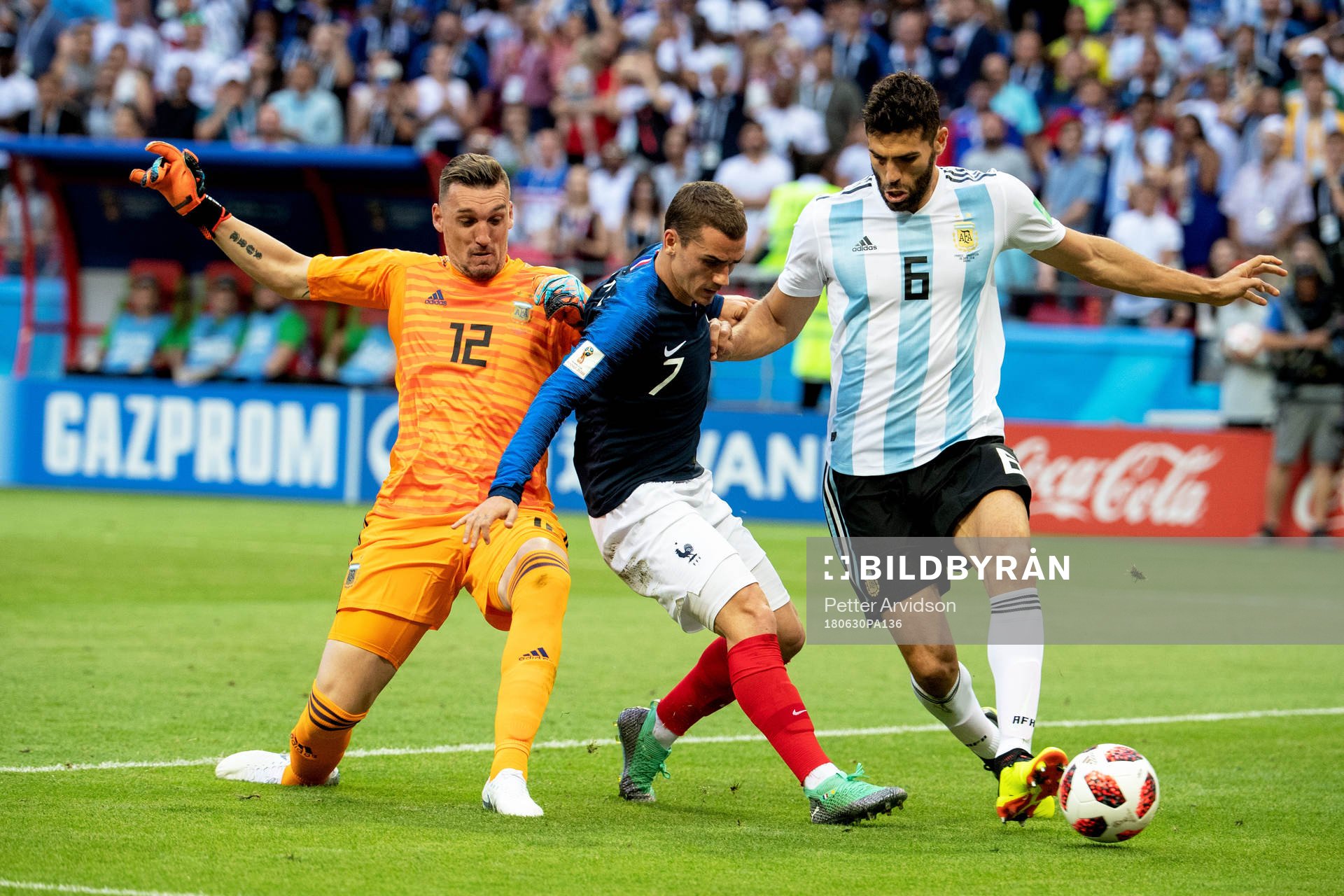 Antoine Griezmann of France and goalkeeper Franco Armani