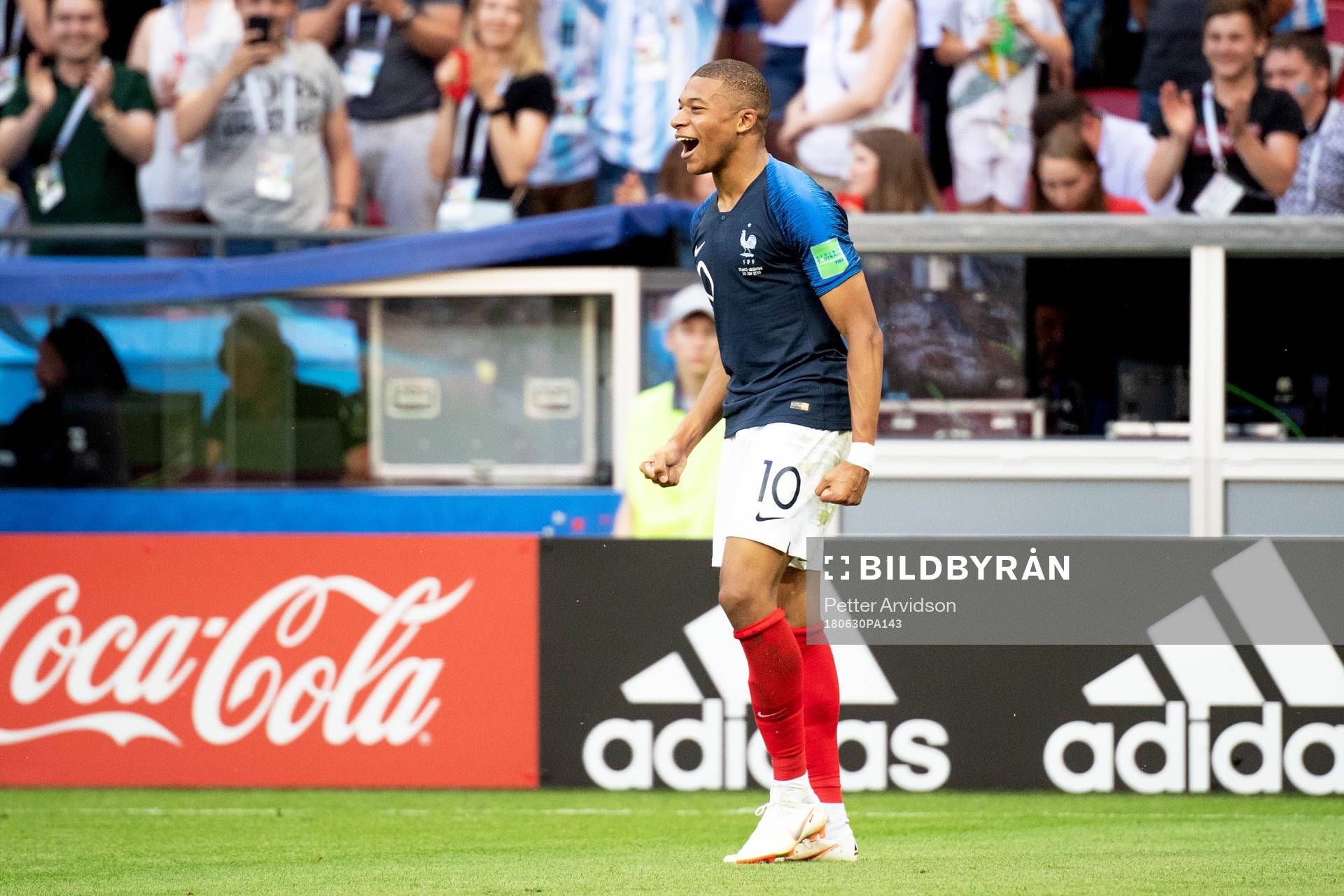Kylian Mbappe of France celebrates after scoring 3-2 during the FIFA World Cup round of 16 match between France and Argentina on June 30, 2018 in Kazan.