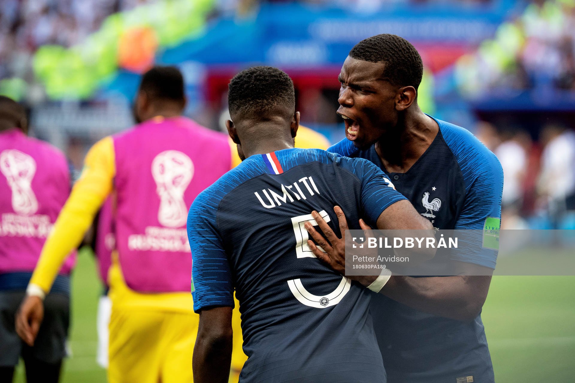 Samuel Umtiti and Paul Pogba of France celebrates