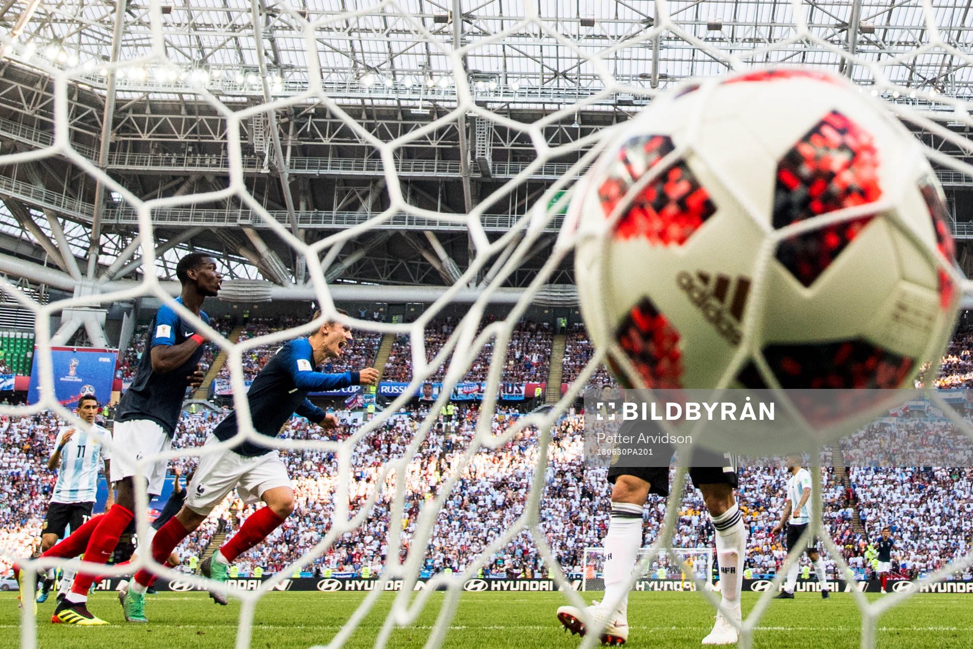 Kylian Mbappe of France  (not pictured) scores 3-2 and Paul