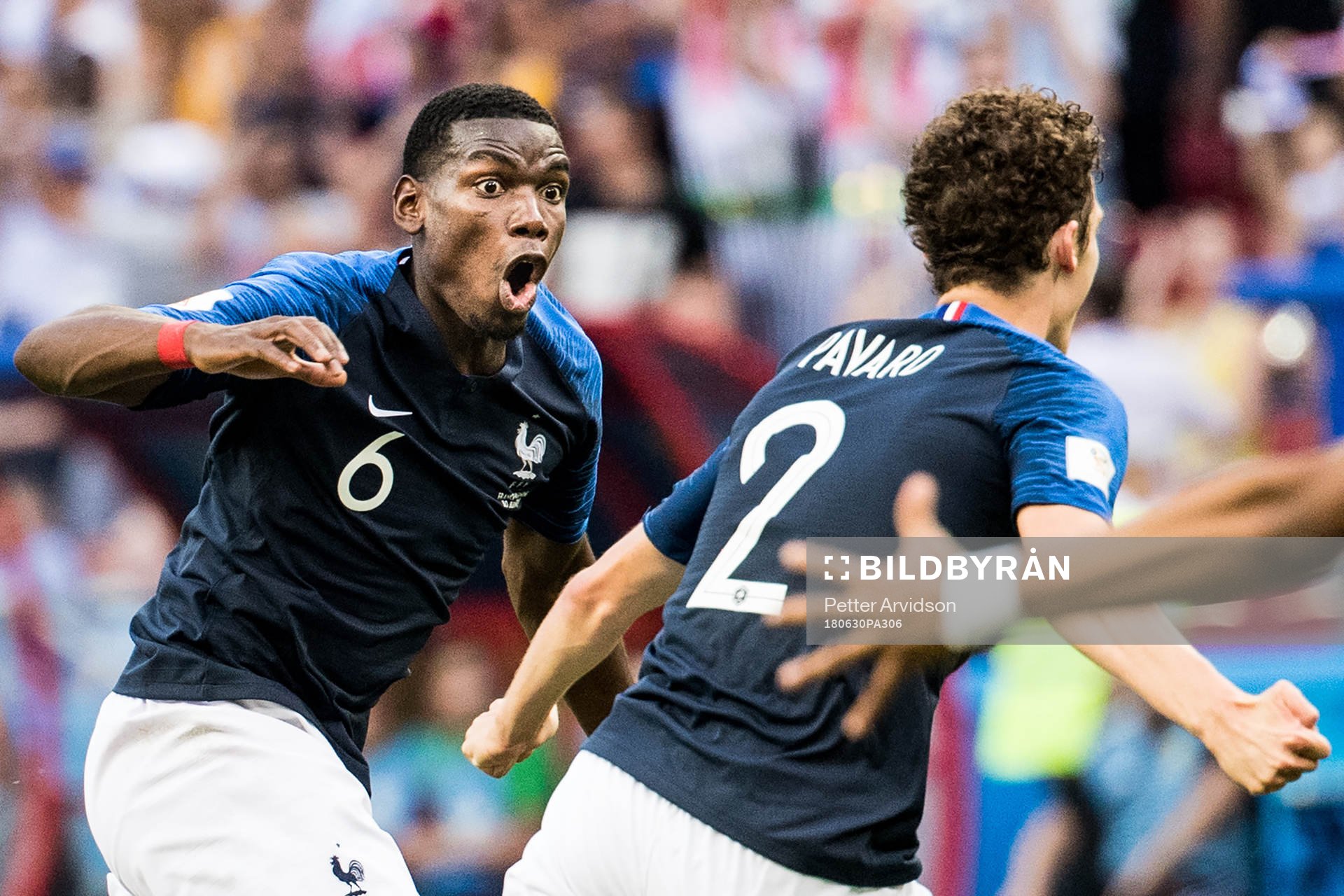 Paul Pogba celebrates with Benjamin Pavard of France