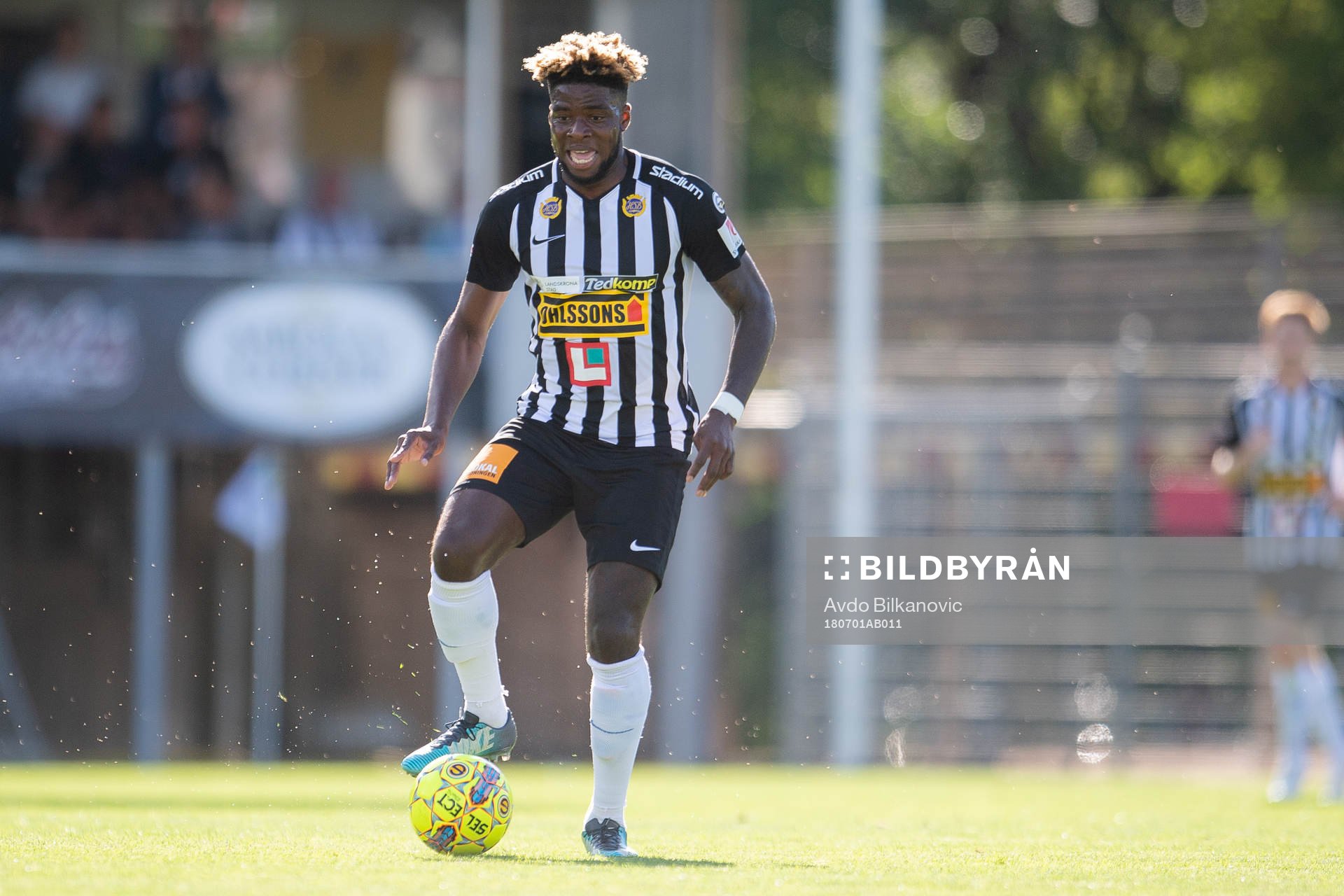 Landskronas Sean Ugochukwu Okoli under fotbollsmatchen i Superettan mellan Landskrona och Öster den 1 juli 2018 i Landskrona.