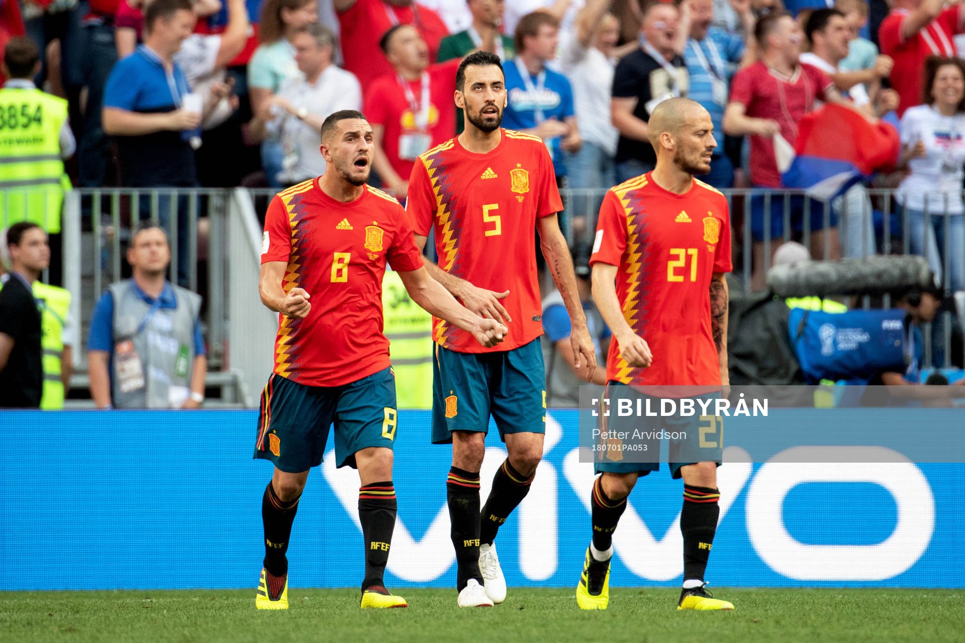Koke, Sergio Busquets and David Silva of Spain looks
