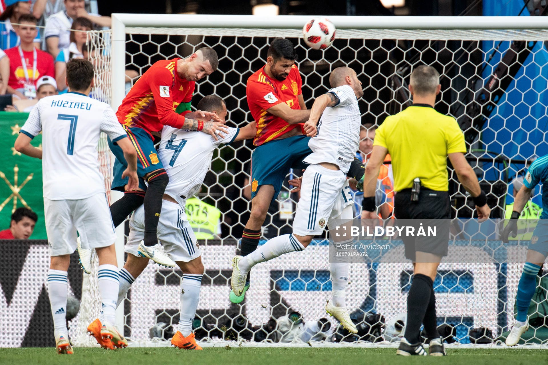 Sergio Ramos and Diego Costa of Spain and Sergey Ignashevich of Russia during the FIFA World Cup round of 16 match between Spain and Russia on July 1, 2018 in Moscow.