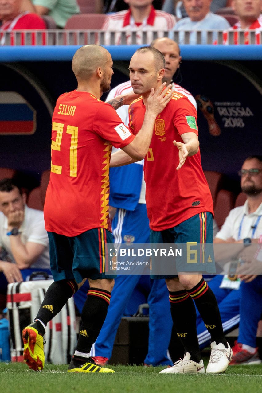 David Silva and Andres Iniesta of Spain during the FIFA World Cup round of 16 match between Spain and Russia on July 1, 2018 in Moscow.