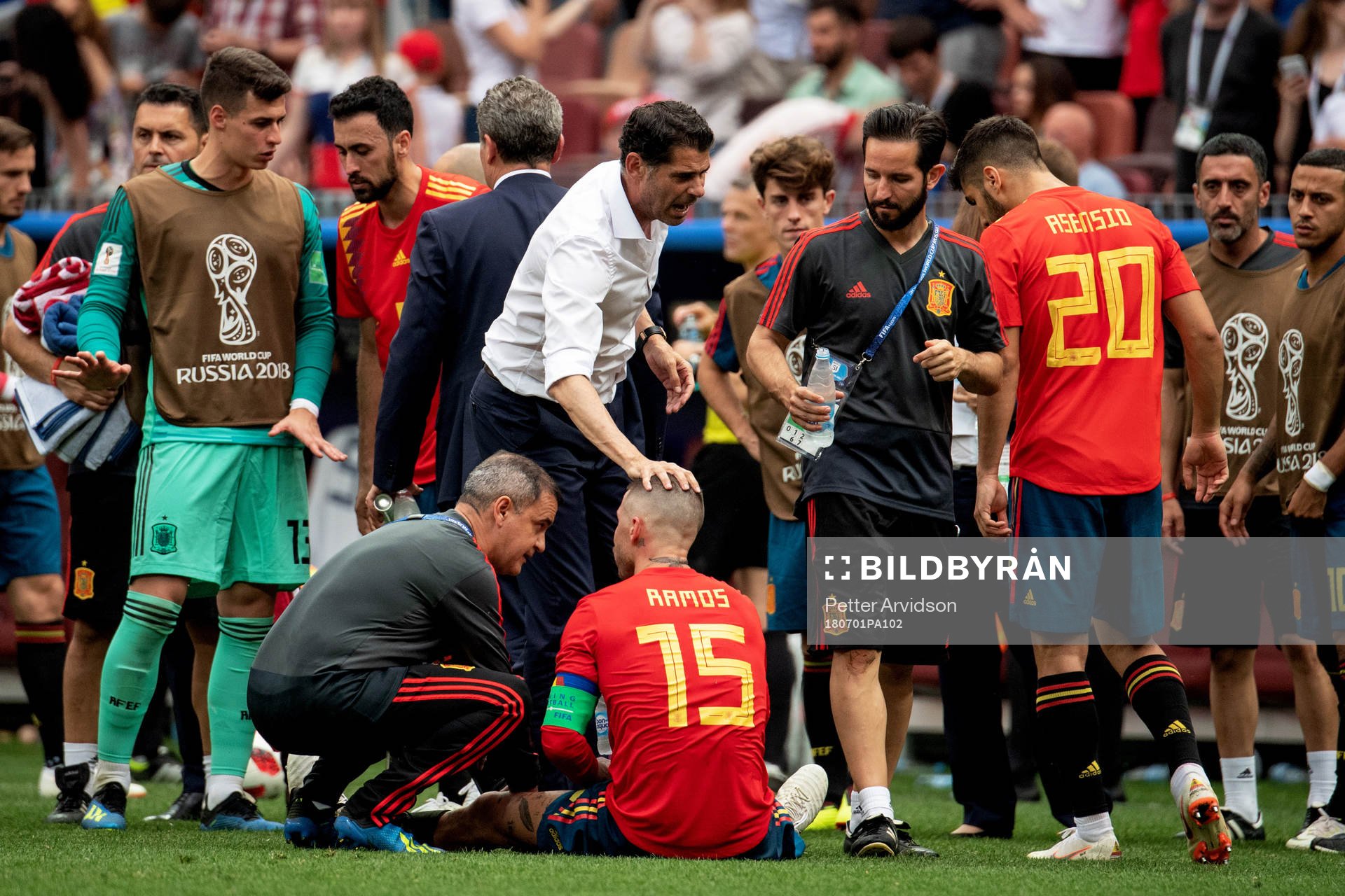 head coach Fernando Hierro and Sergio Ramos of Spain during the FIFA World Cup round of 16 match between Spain and Russia on July 1, 2018 in Moscow.