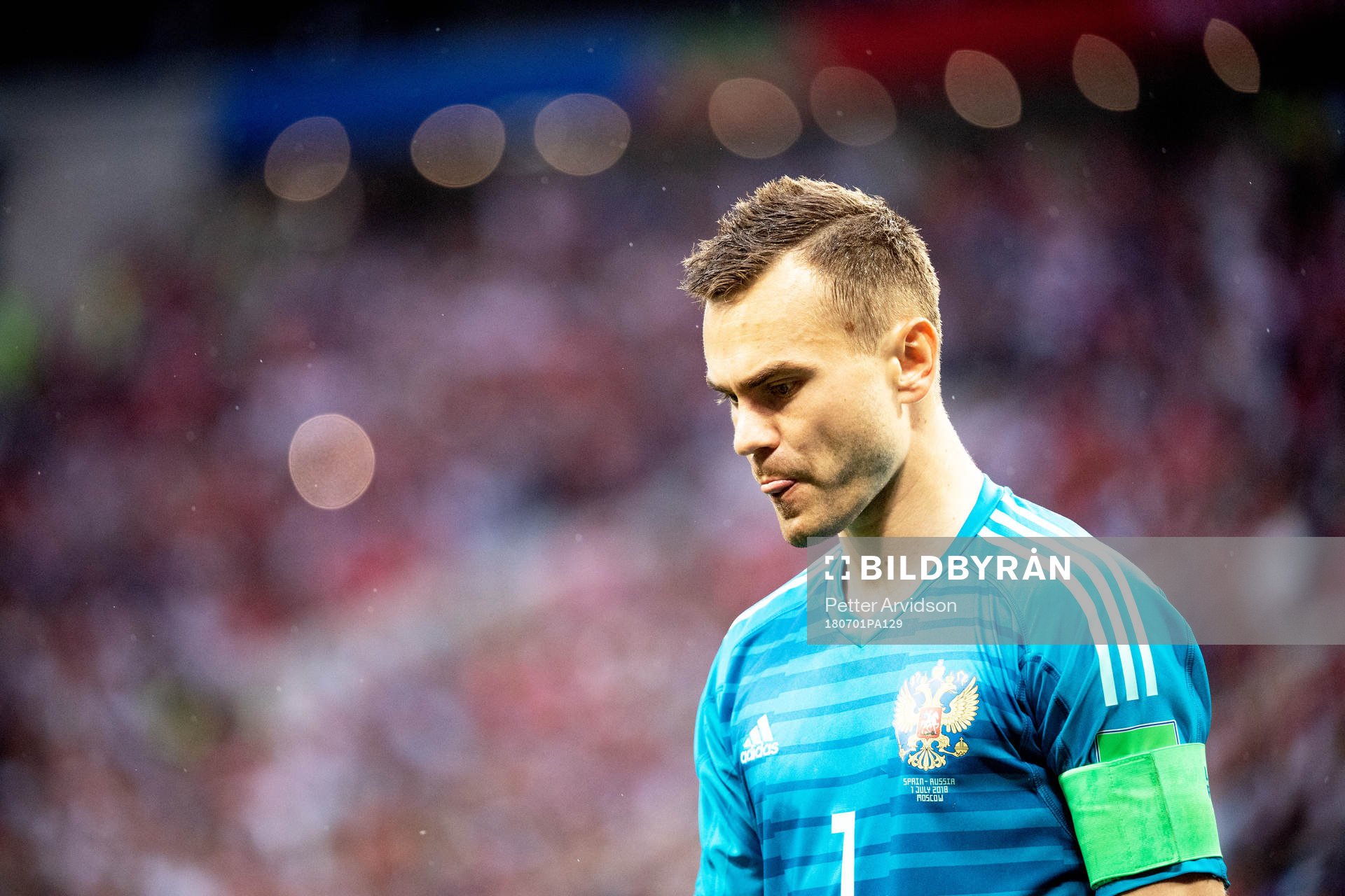 goalkeeper Igor Akinfeev of Russia during the penalty shoot-out during the FIFA World Cup round of 16 match between Spain and Russia on July 1, 2018 in Moscow.