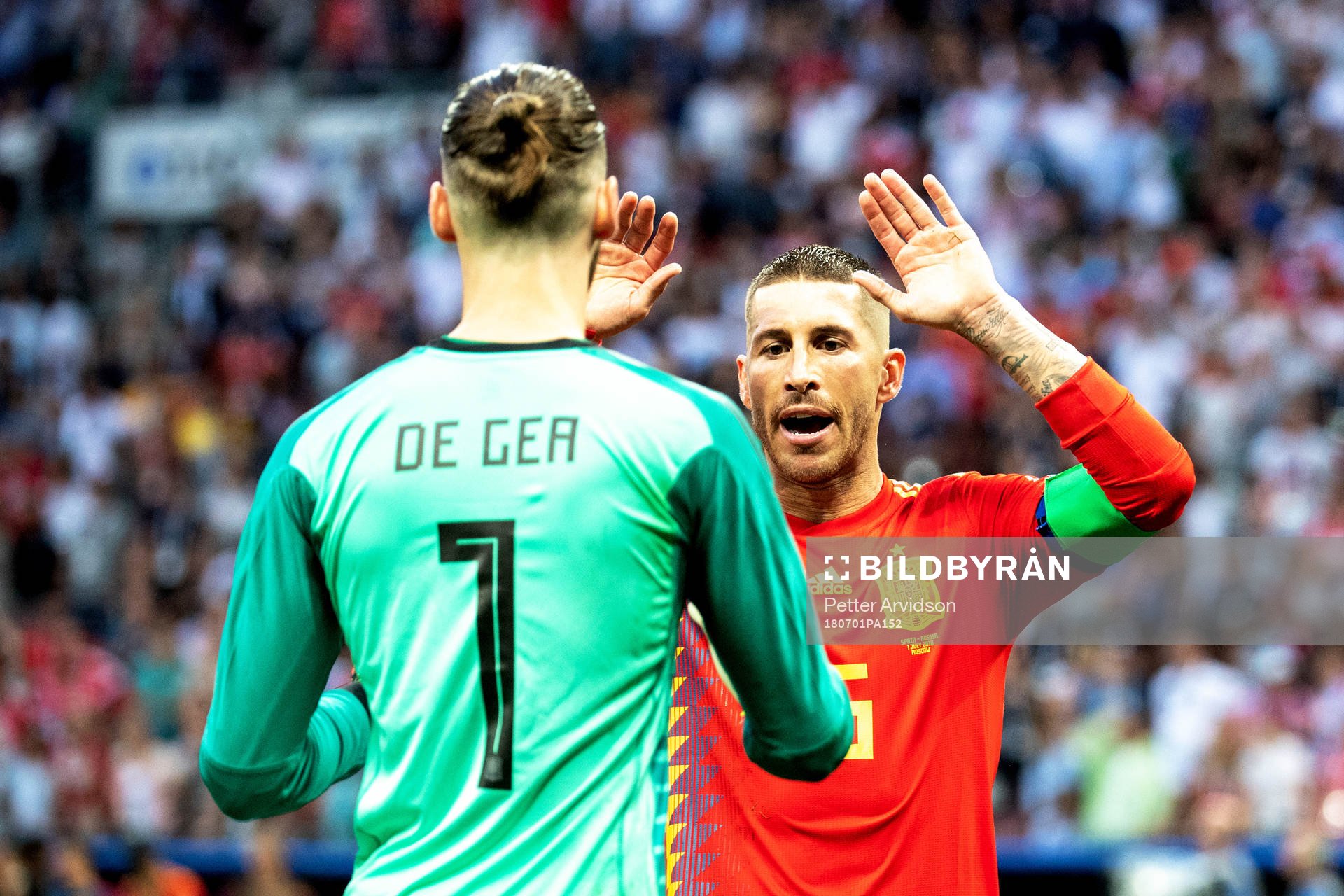 goalkeeper David De Gea and Sergio Ramos of Spain
