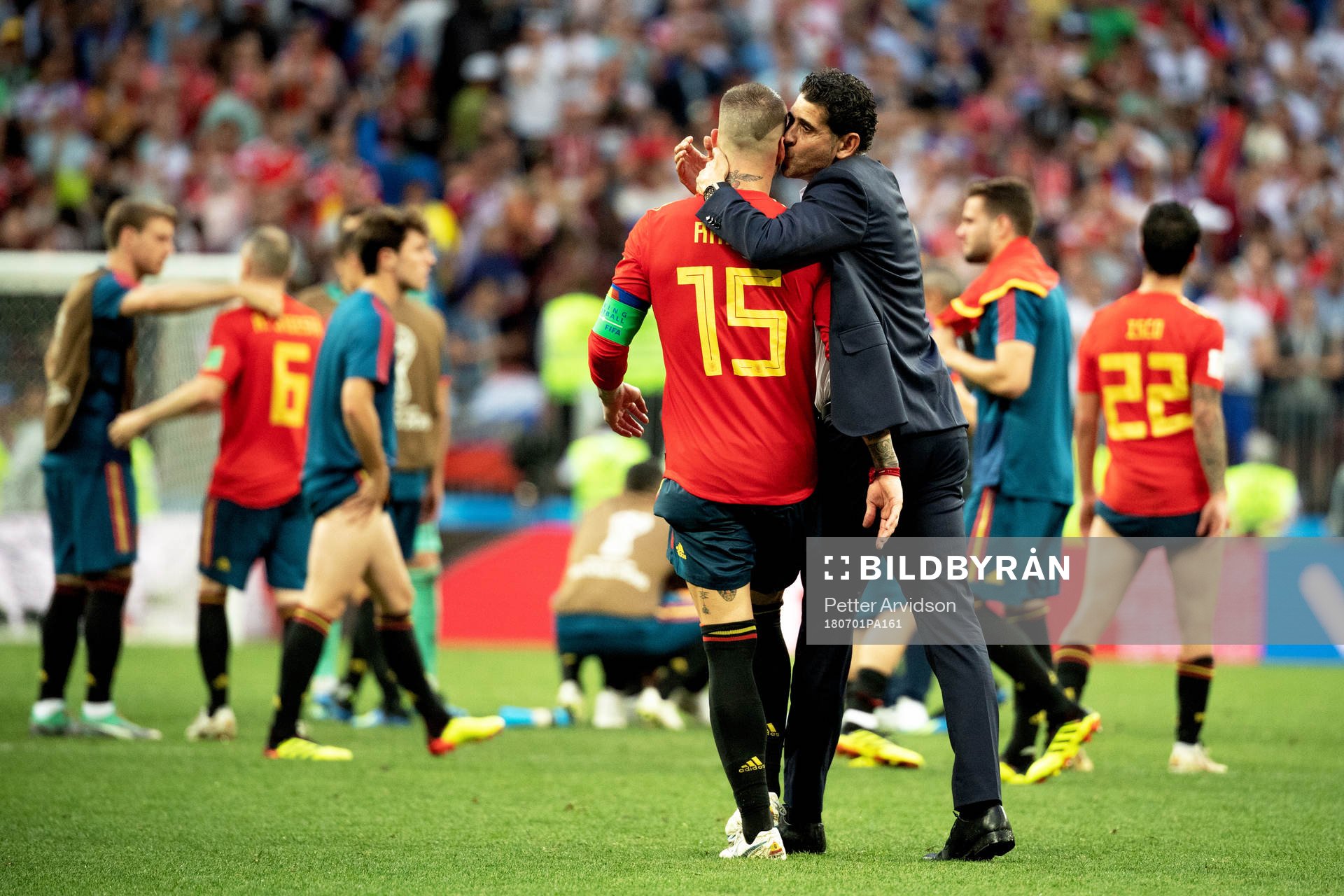 Sergio Ramos and head coach Fernando Hierro of Spain looks