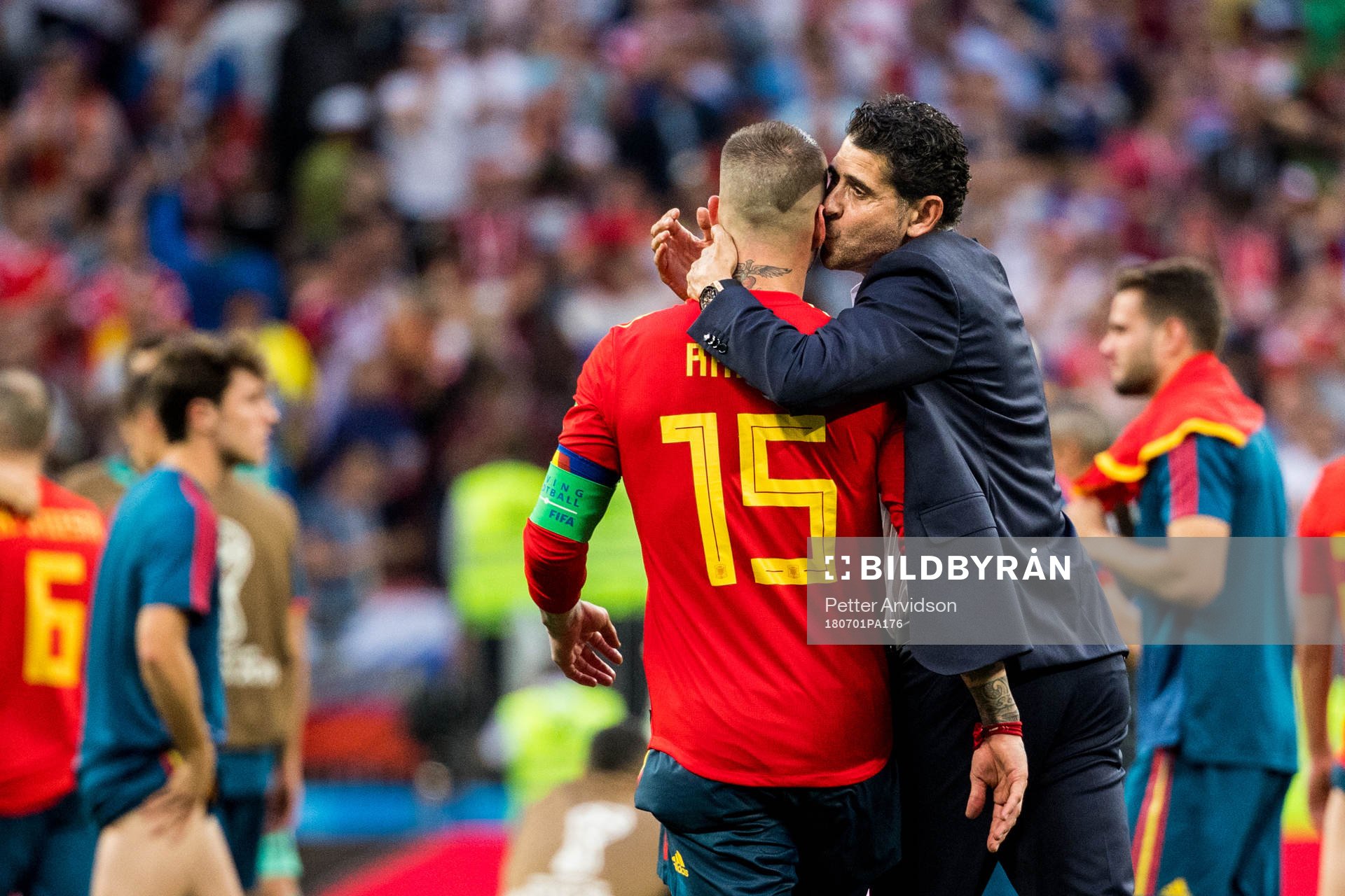 Sergio Ramos and head coach Fernando Hierro of Spain