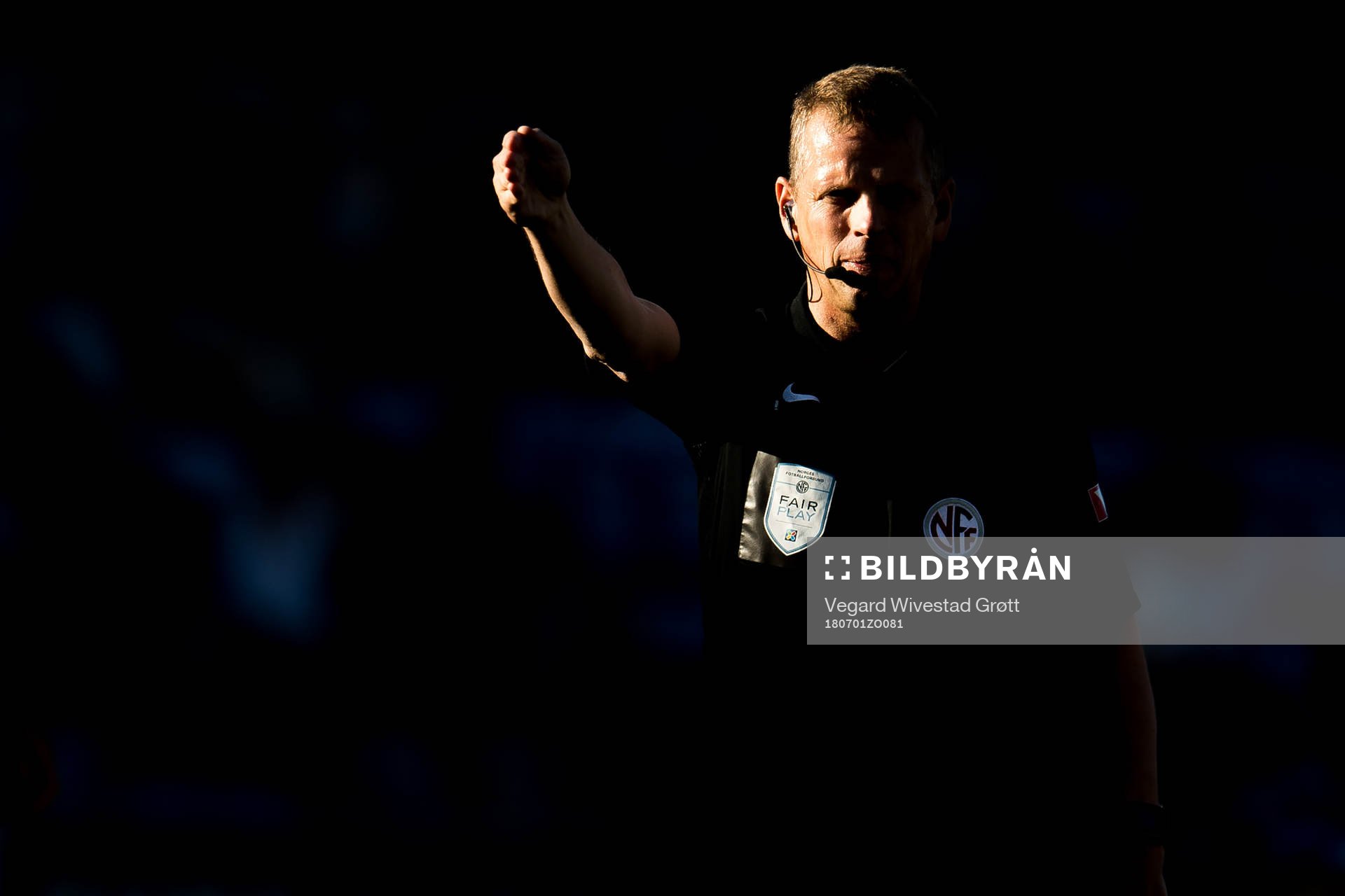Referee Trygve Kjensli during the Eliteserien match between Sandefjord and Rosenborg on July 1, 2018 in Sandefjord.