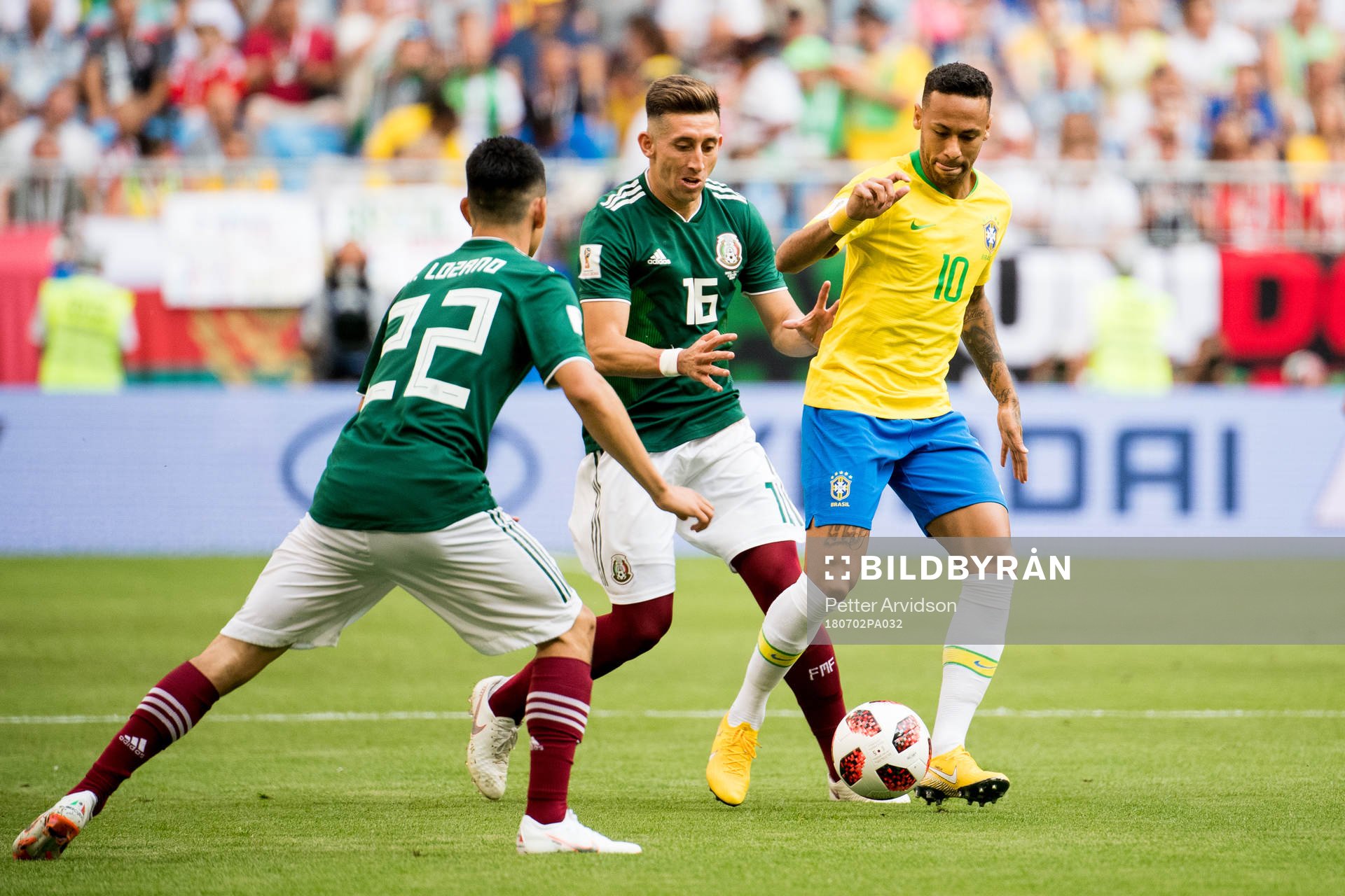 Hector Herrera of Mexico and Neymar of Brazil