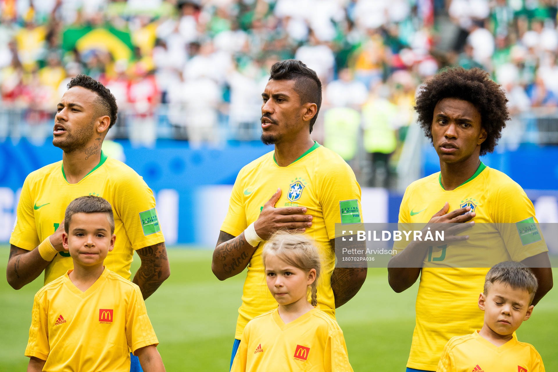 Neymar, Paulinho and Willian of Brazil
