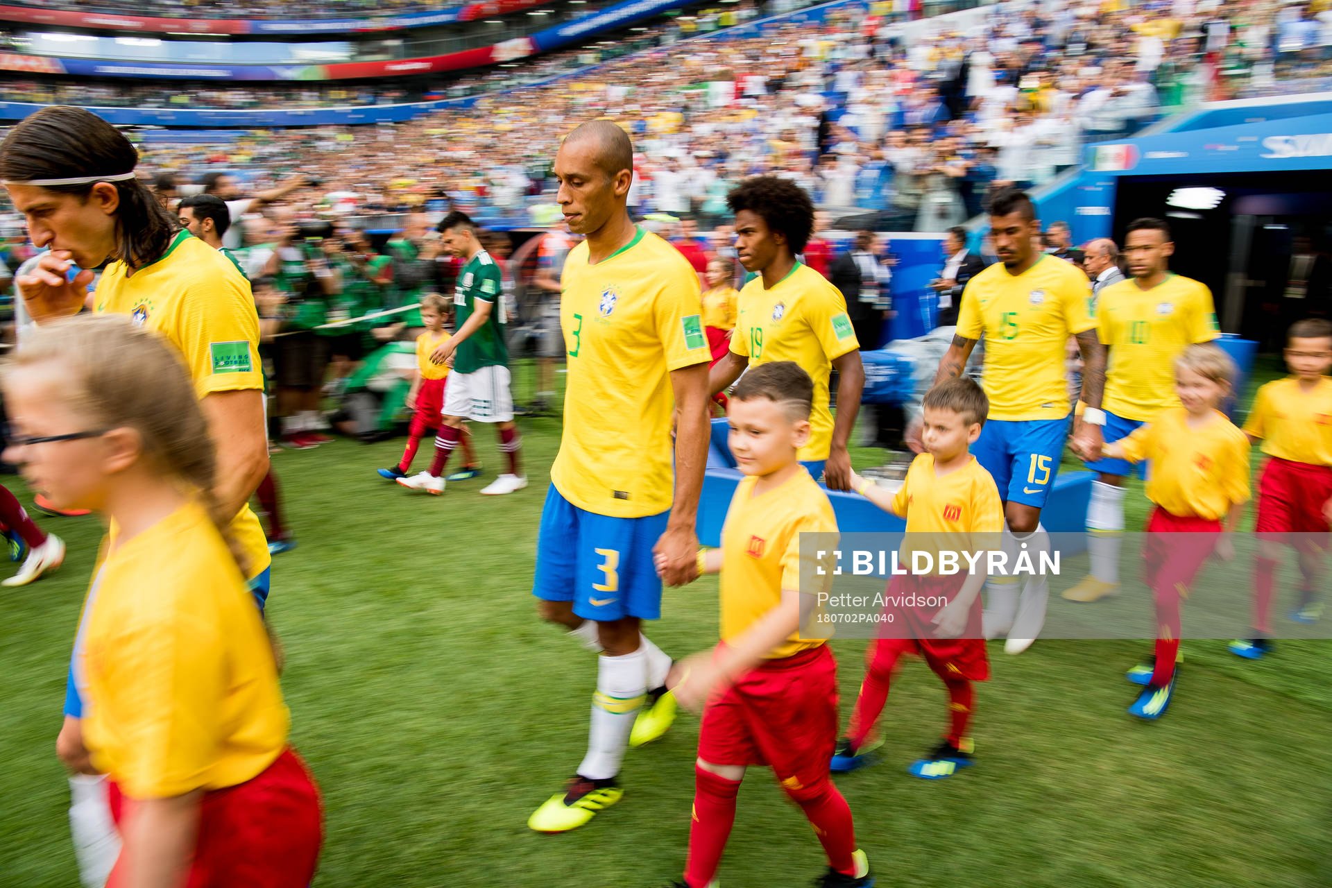 Miranda of Brazil enters the pitch