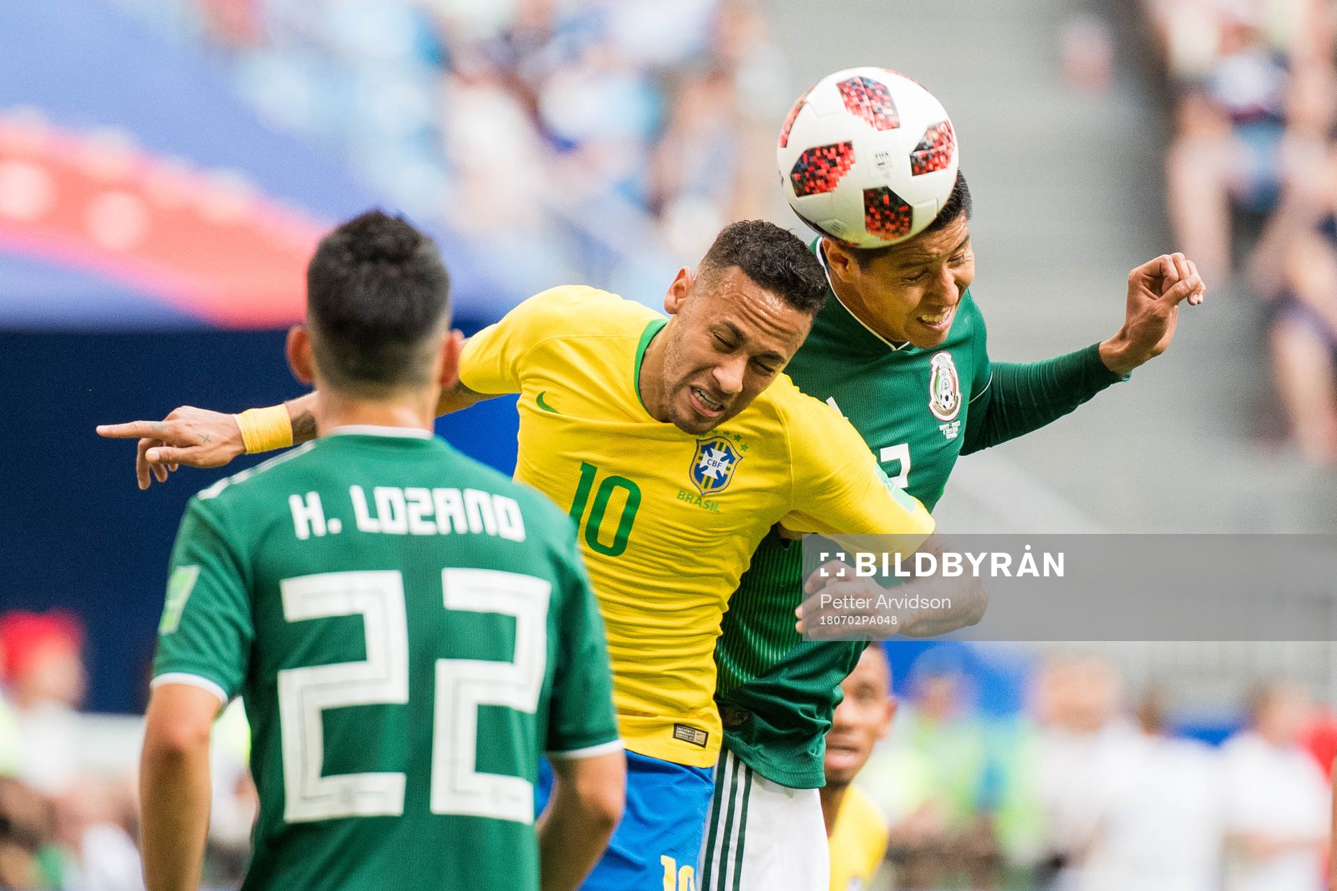 Neymar of Brazil and Hugo Ayala of Mexico