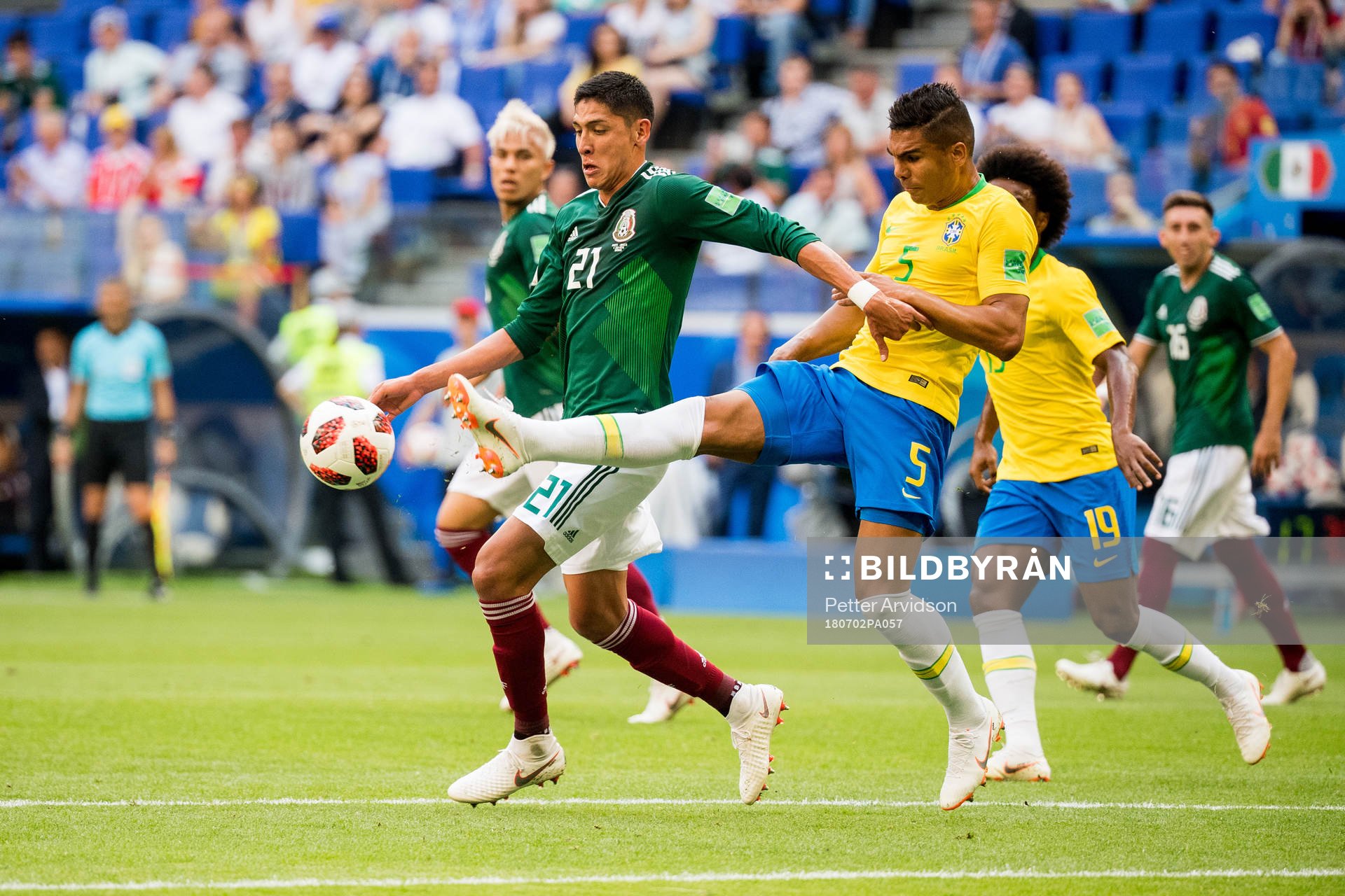 Edson Alvarez of Mexico and Casemiro of Brazil