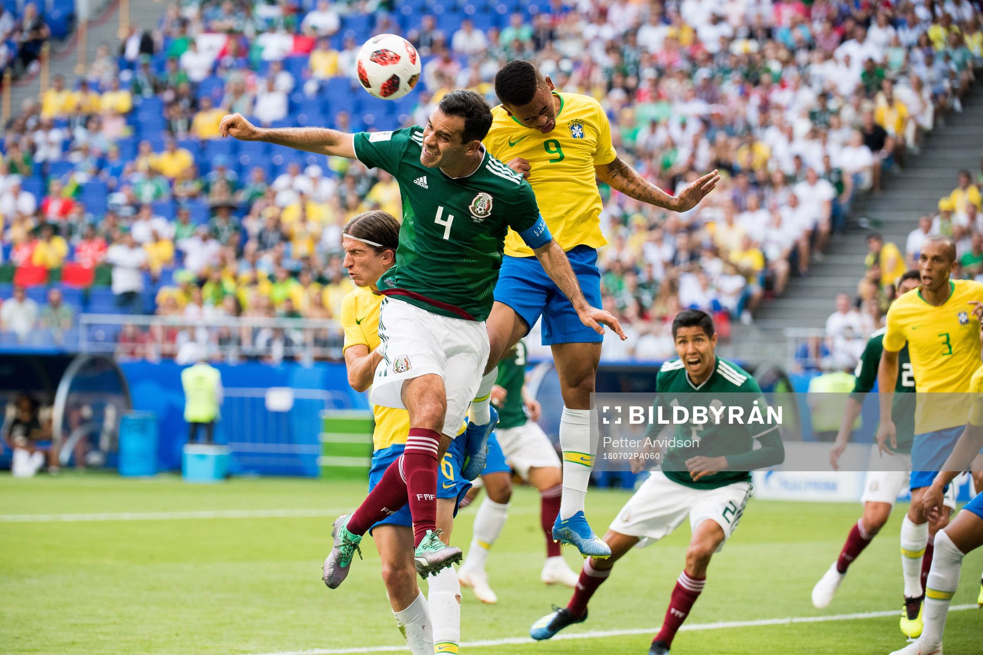 Rafael Marquez of Mexico and Gabriel Jesus of Brazil during the FIFA World Cup round of 16 match between Brazil and Mexico on July 2, 2018 in Samara.