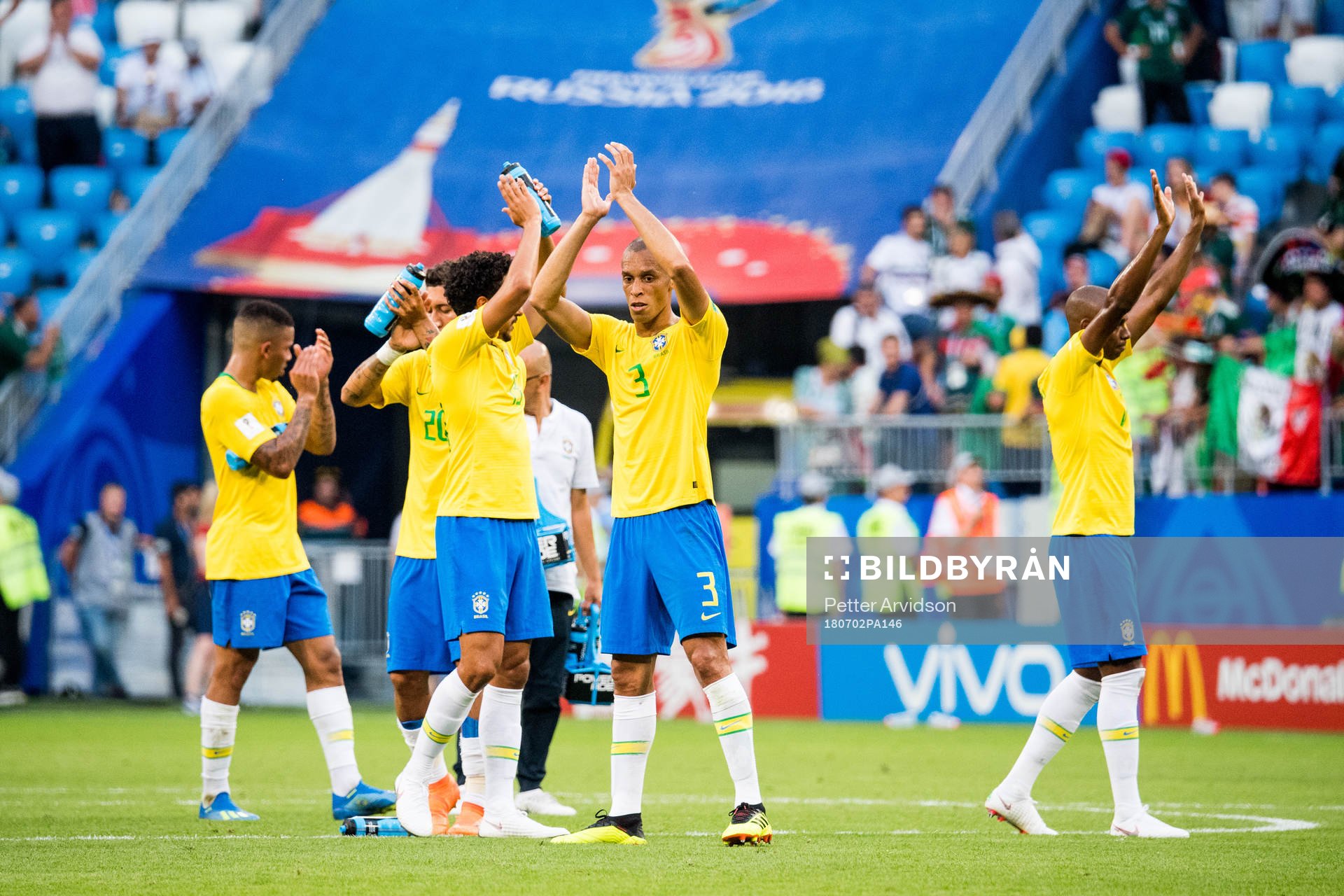 Miranda of Brazil celebrates with his teammates