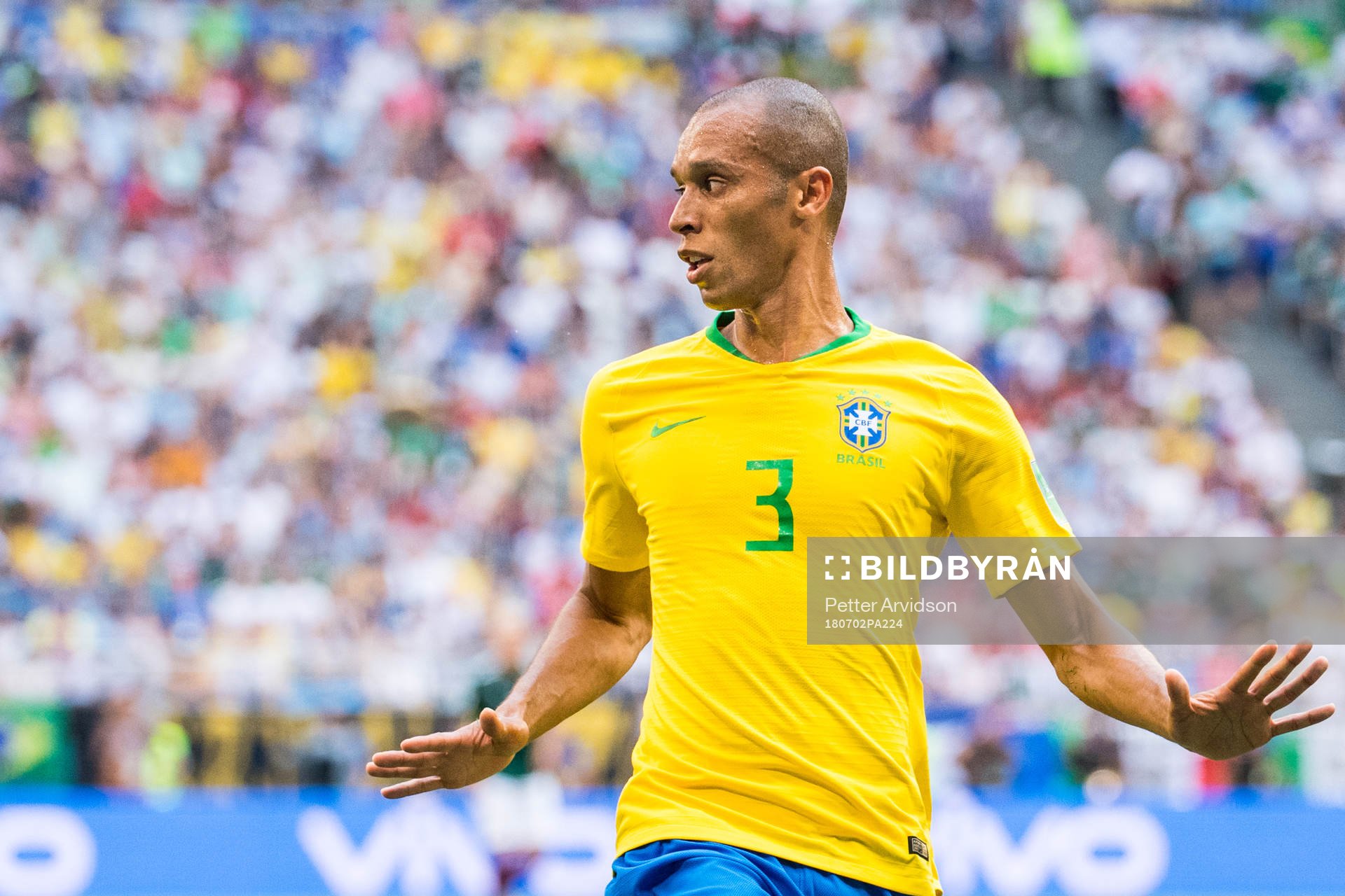 Miranda of Brazil during the FIFA World Cup round of 16 match between Brazil and Mexico on July 2, 2018 in Samara.