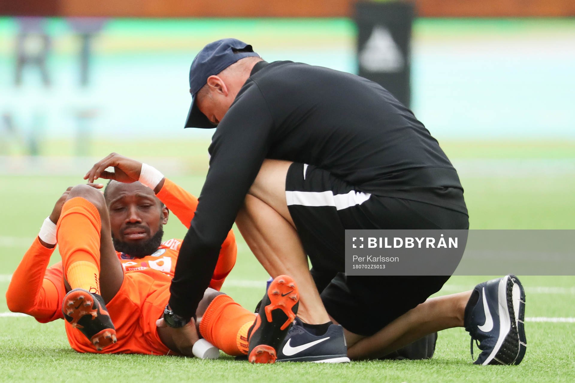 AFC Eskilstunas Ibrahim Bali Toure ligger ner efter att han skadat sig under fotbollsmatchen i Superettan mellan AFC Eskilstuna och Örgryte den 2 juli i Eskilstuna.