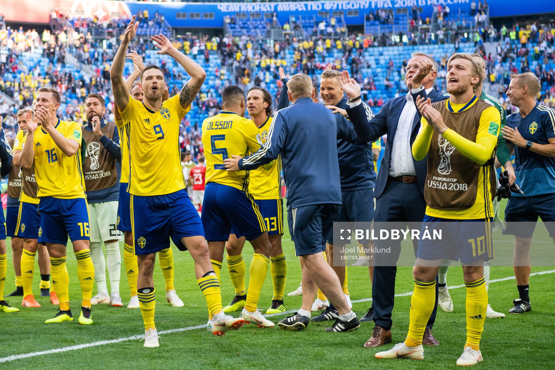 Marcus Berg of Sweden celebrate after winning the FIFA World Cup round of 16 match between Sweden and Switzerland on July 3, 2018 in St Petersburg.