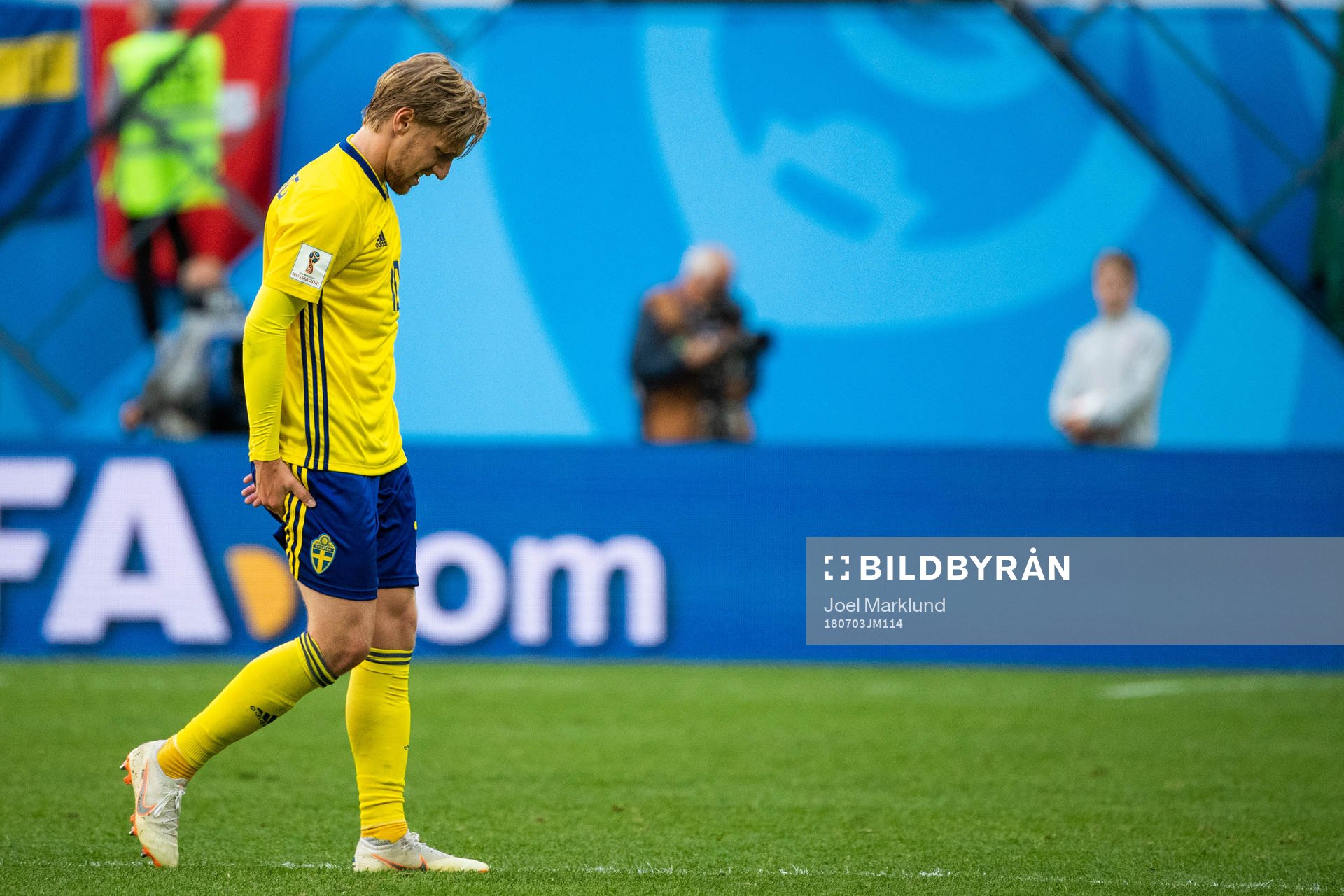 Emil Forsberg holds his back thigh as he is substituted