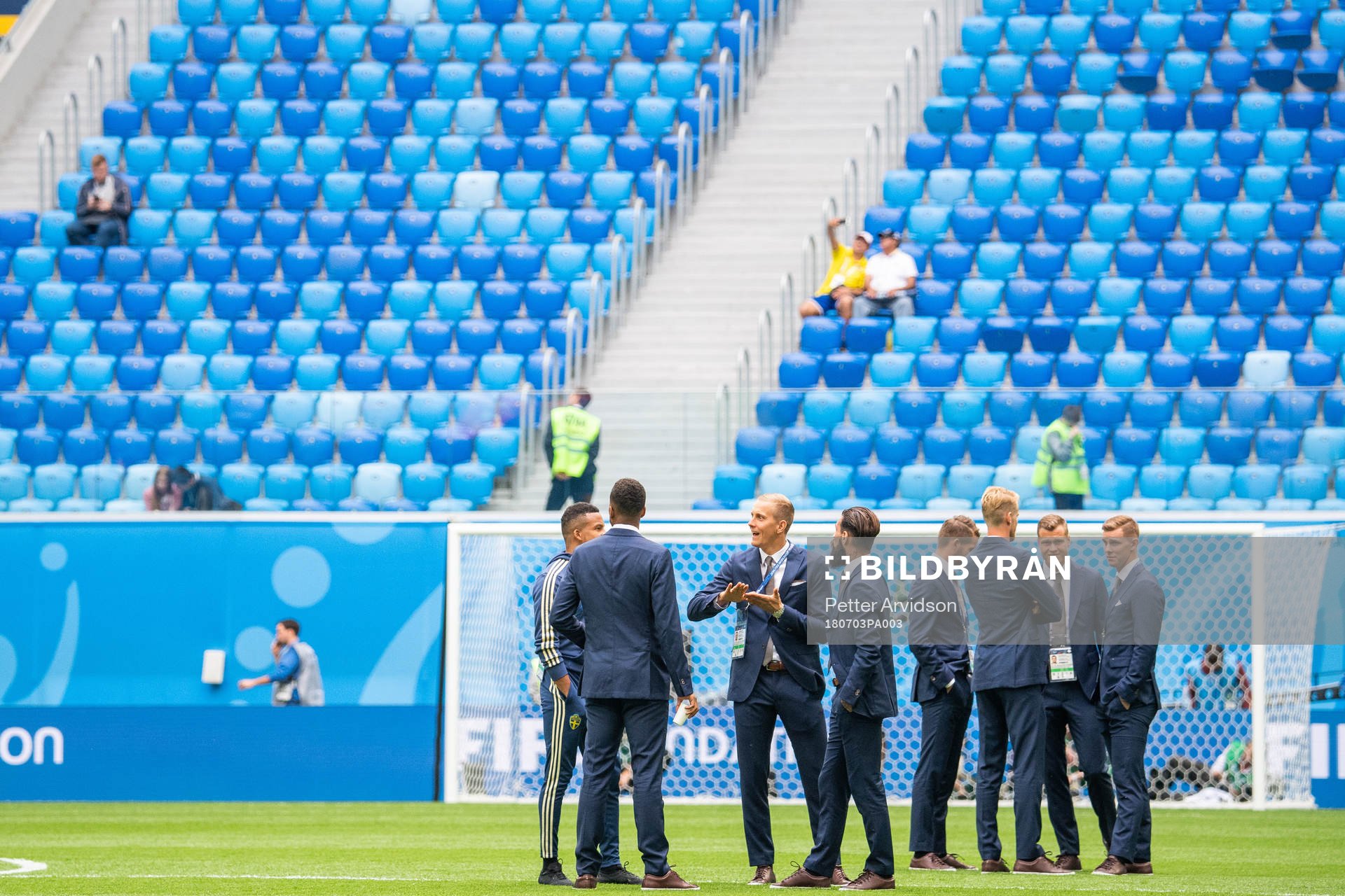Swedish players inspect the pitch prior to the FIFA World