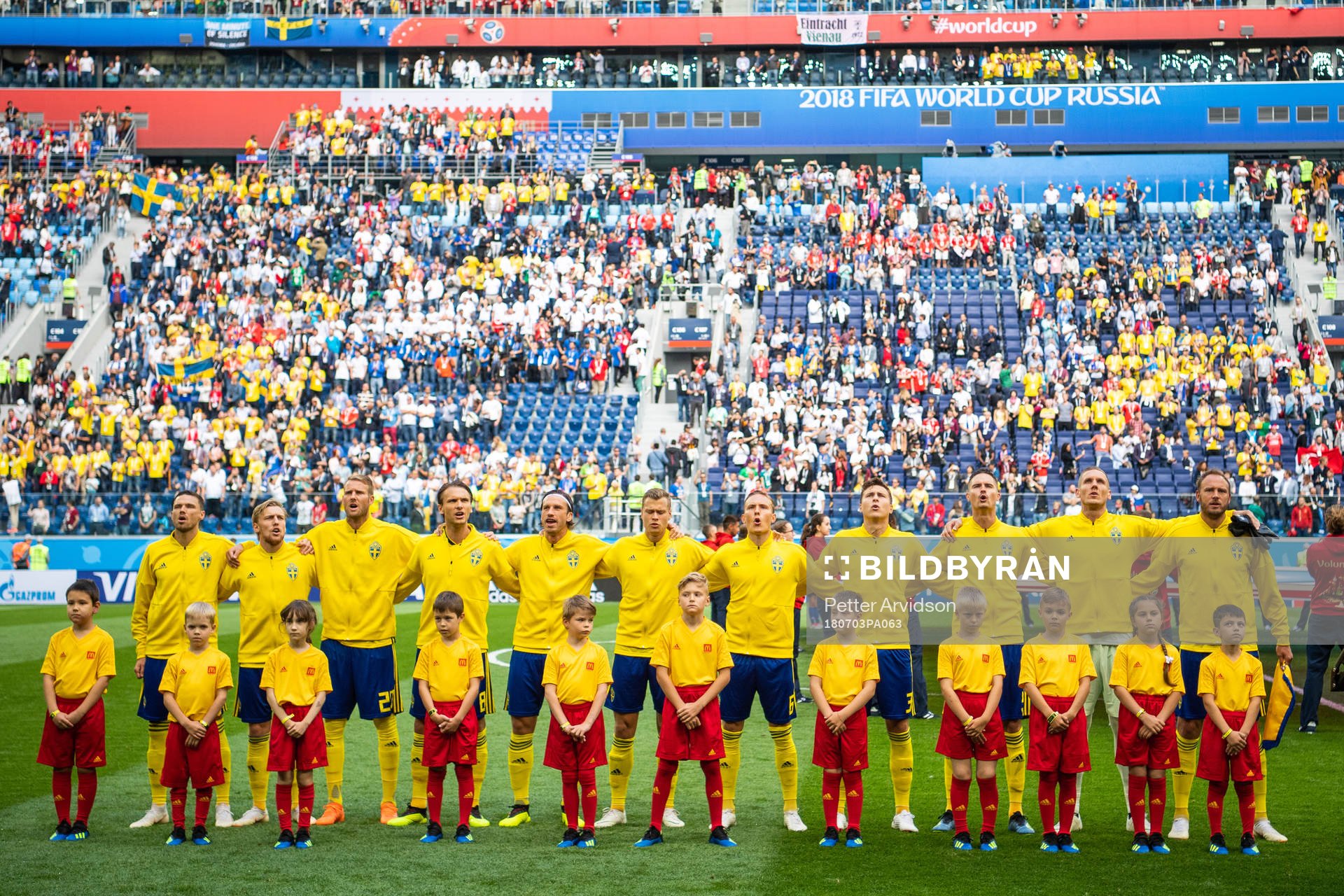 Players of Sweden sings the national anthem prior to the