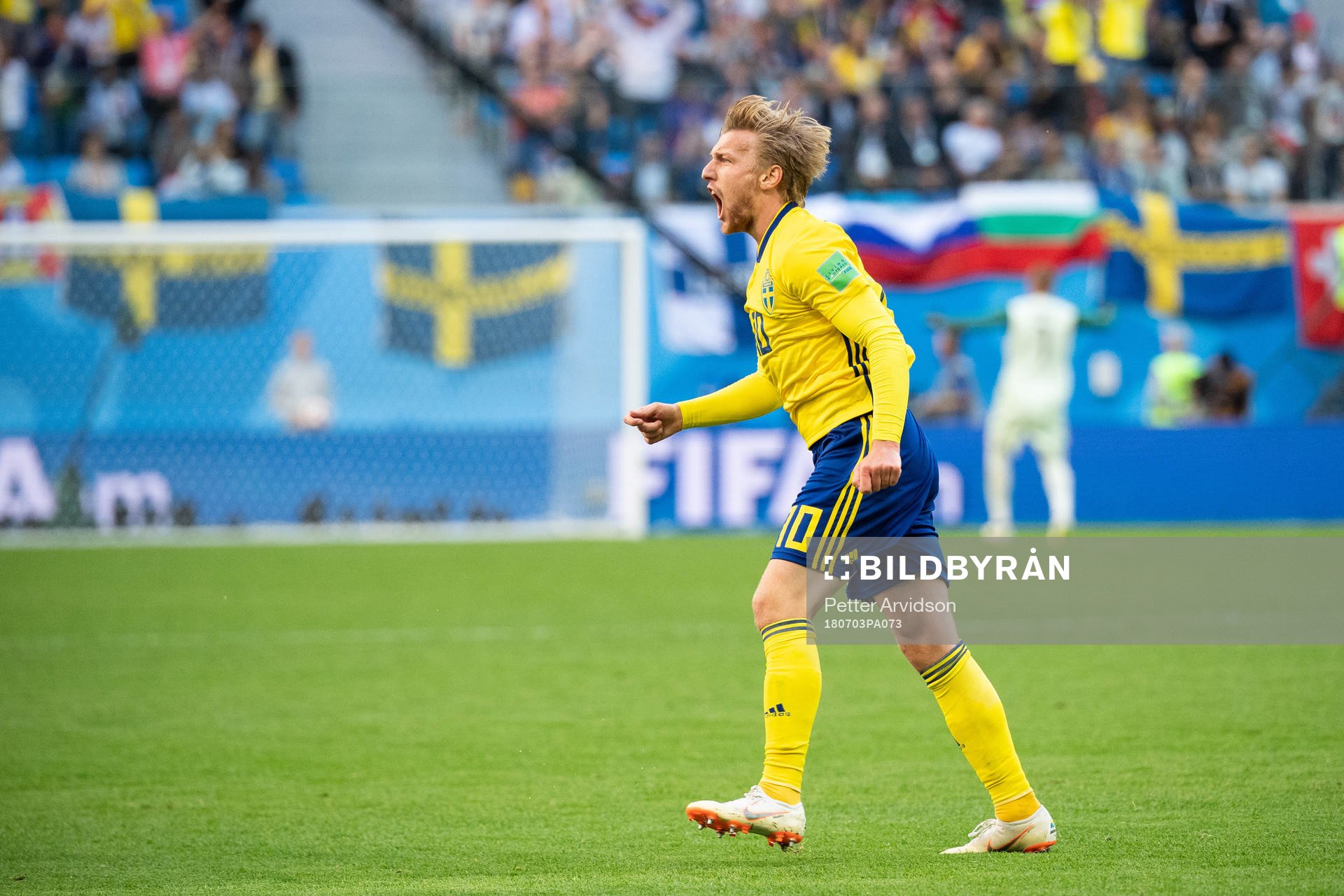 Emil Forsberg of Sweden celebrates scoring 1-0during the