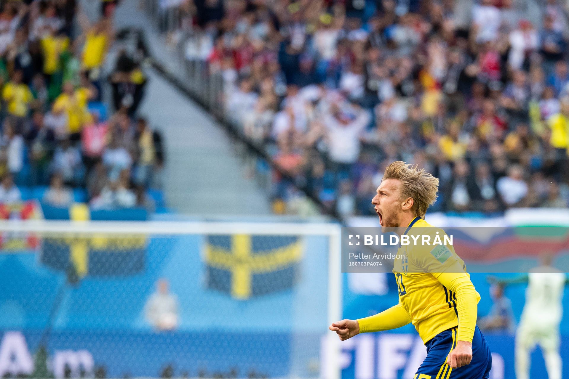 Emil Forsberg of Sweden celebrates scoring 1-0during the