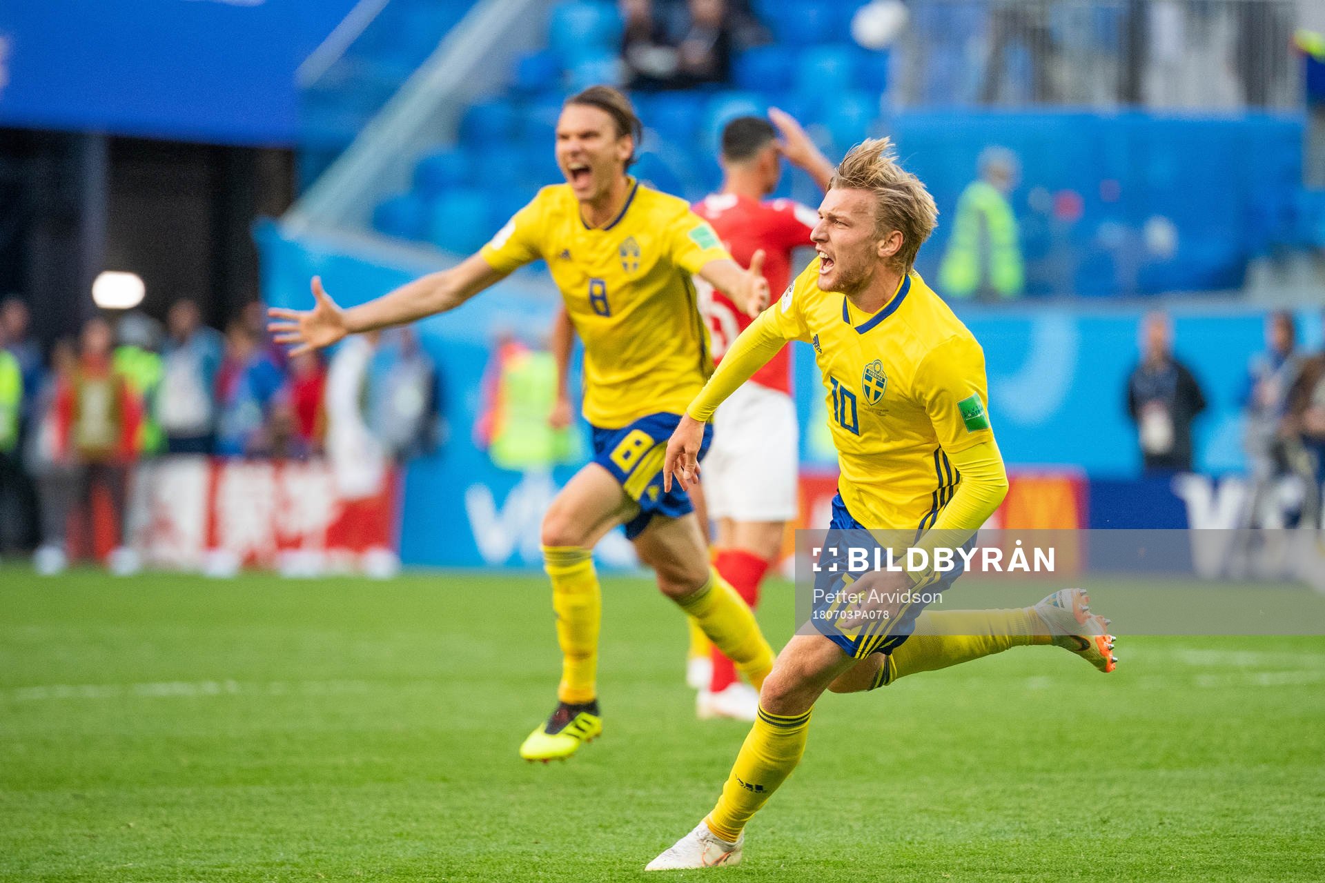 Emil Forsberg of Sweden celebrates scoring 1-0during the