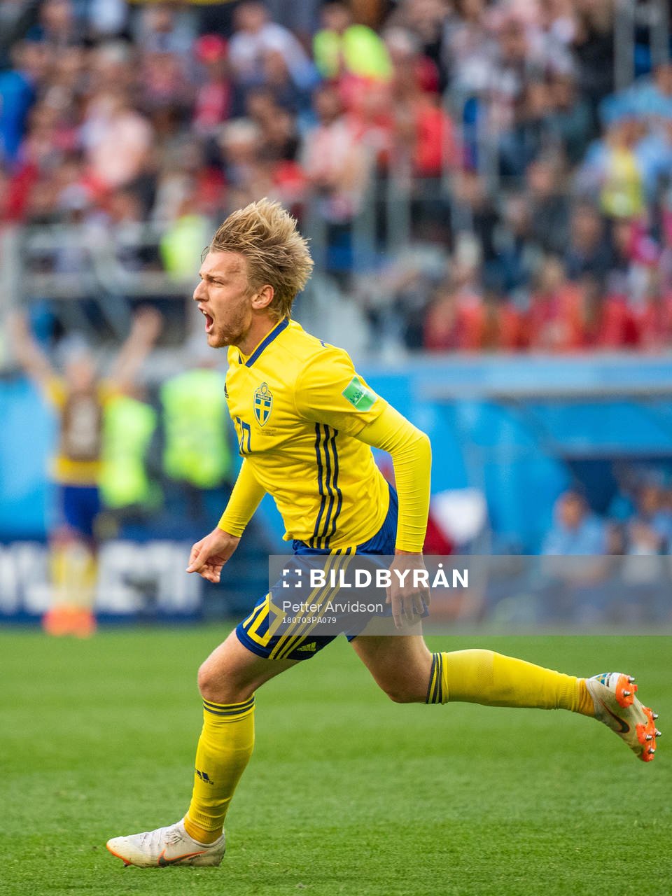 Emil Forsberg of Sweden celebrates scoring 1-0during the