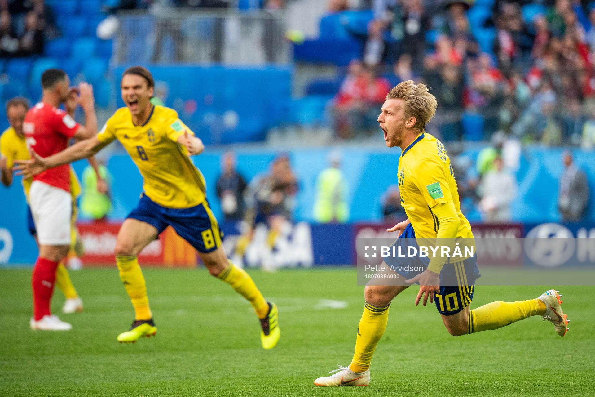 Emil Forsberg of Sweden celebrates scoring 1-0during the