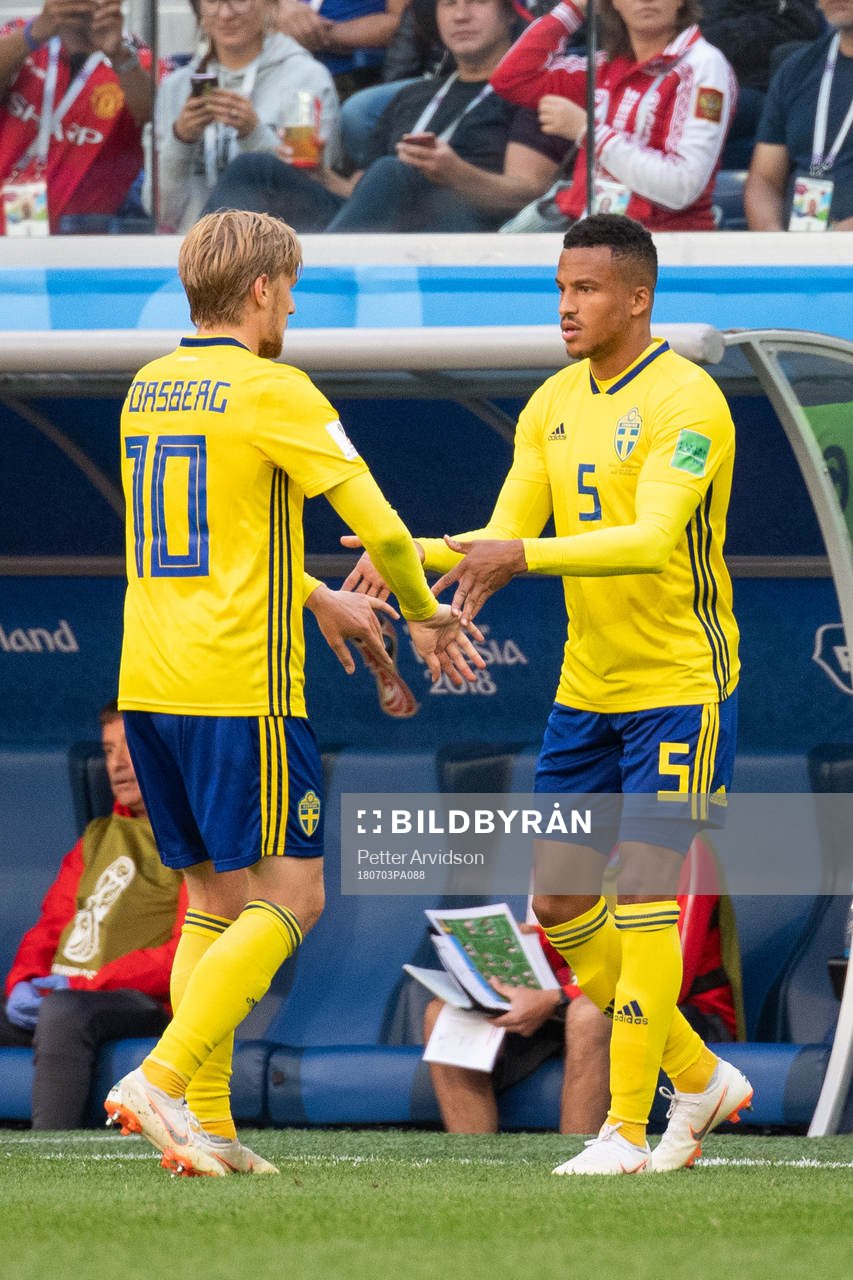 Emil Forsberg is substituted for Martin Olsson of Sweden of