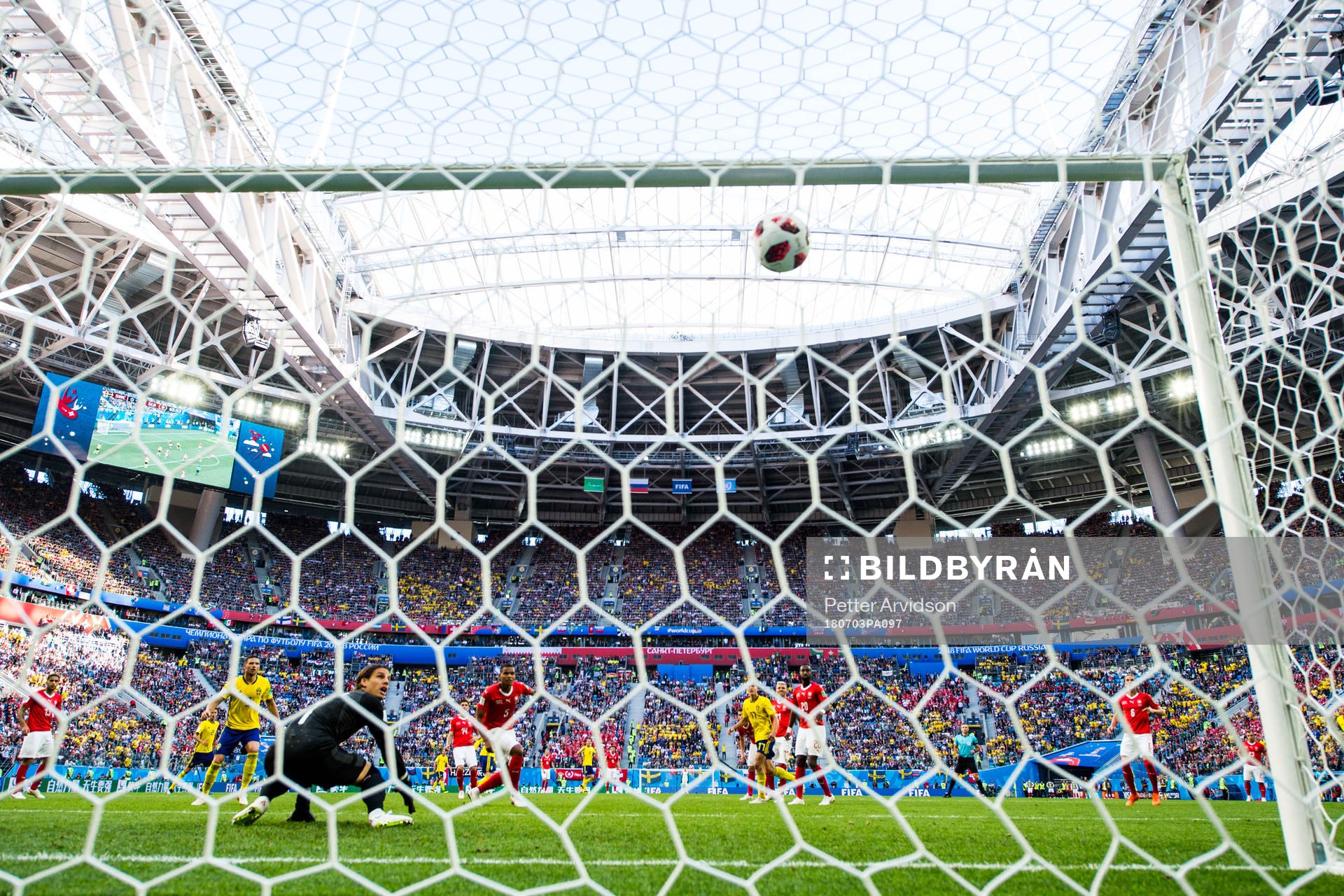 Emil Forsberg of Sweden scores 1-0 behind goalkeeper Yann