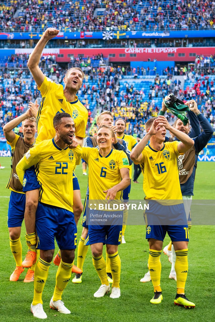 Ola Toivonen and Isaac Kiese Thelin of Sweden celebrate after winning the FIFA World Cup round of 16 match between Sweden and Switzerland on July 3, 2018 in ST Petersburg.