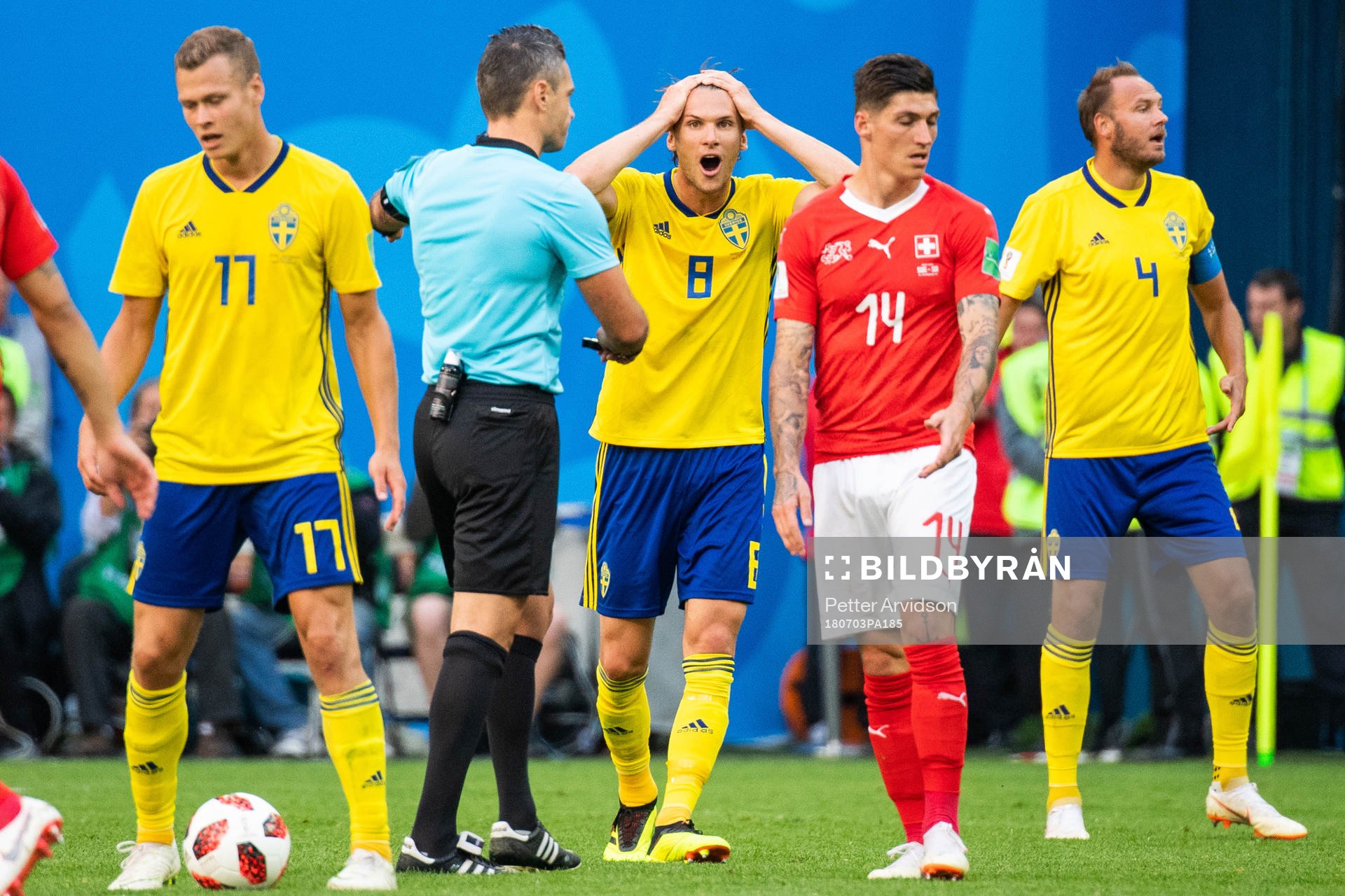 Albin Ekdal of Sweden reacts towards the referee