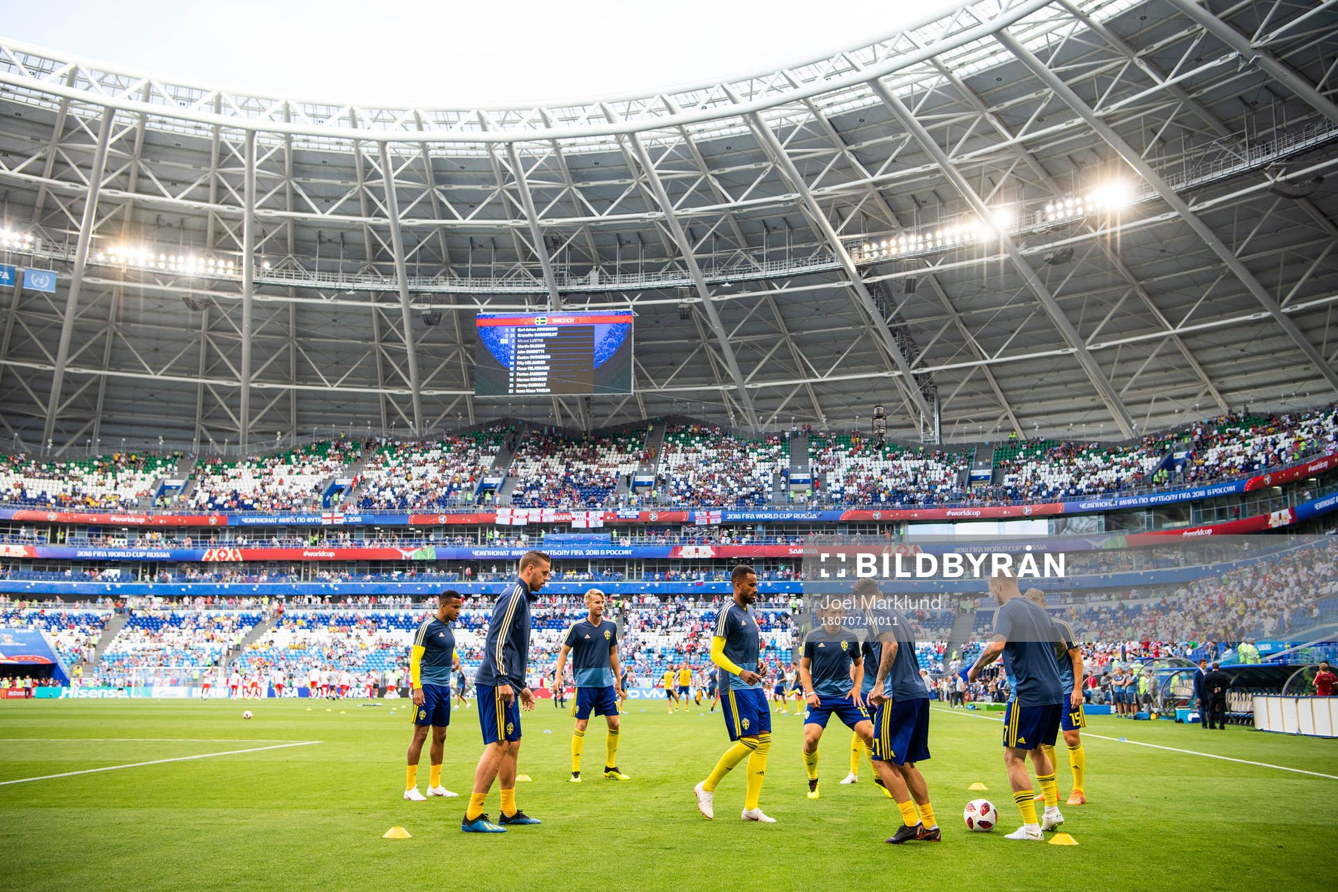 Players of Sweden prior to the FIFA World Cup quarter final