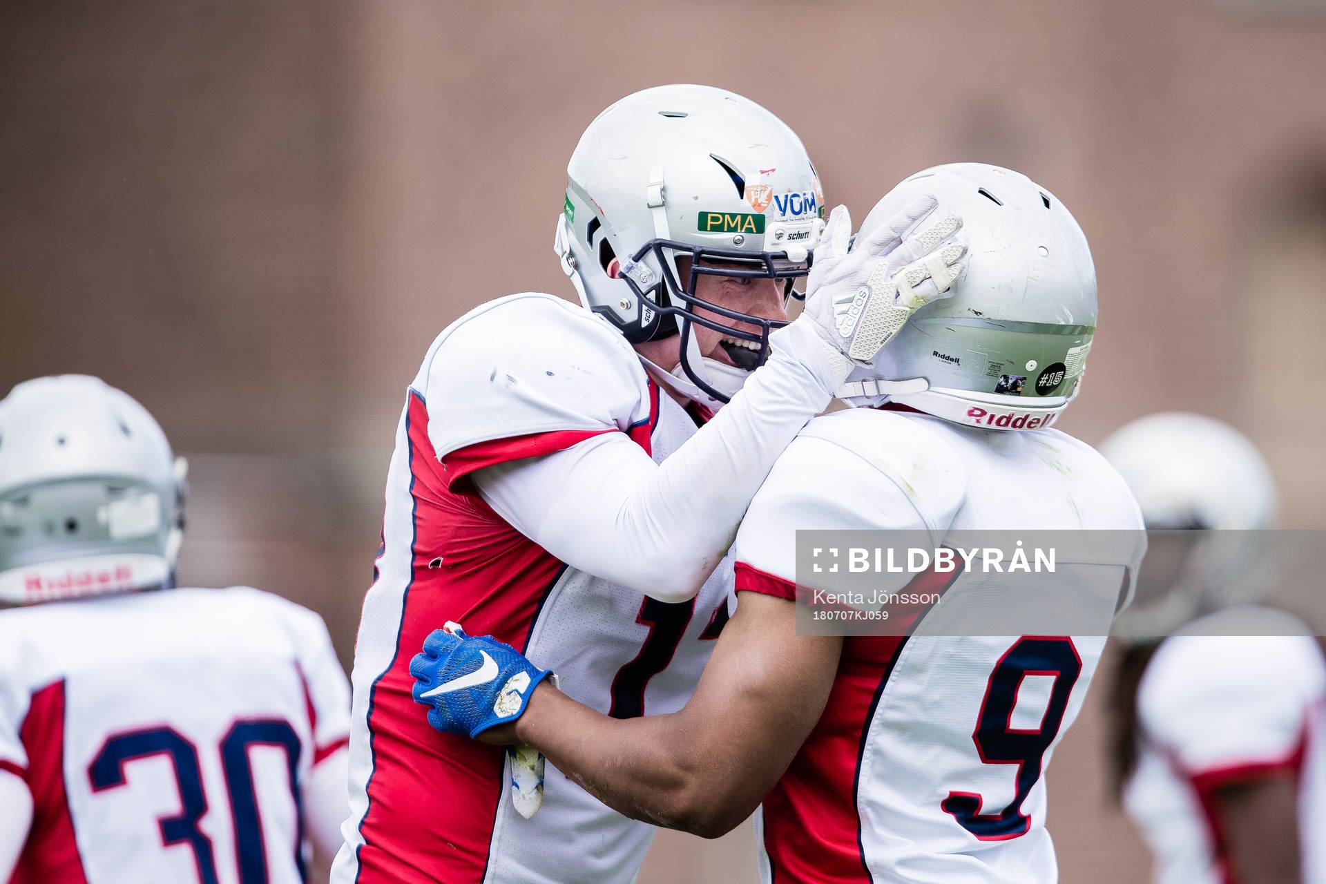 Stockholm Mean Machines Kijafa Crumble jublar i slutet av SM-finalen i amerikansk fotboll mellan Carlstad Crusaders och Stockholm Mean Machines den 7 Juli 2018 i Stockholm.