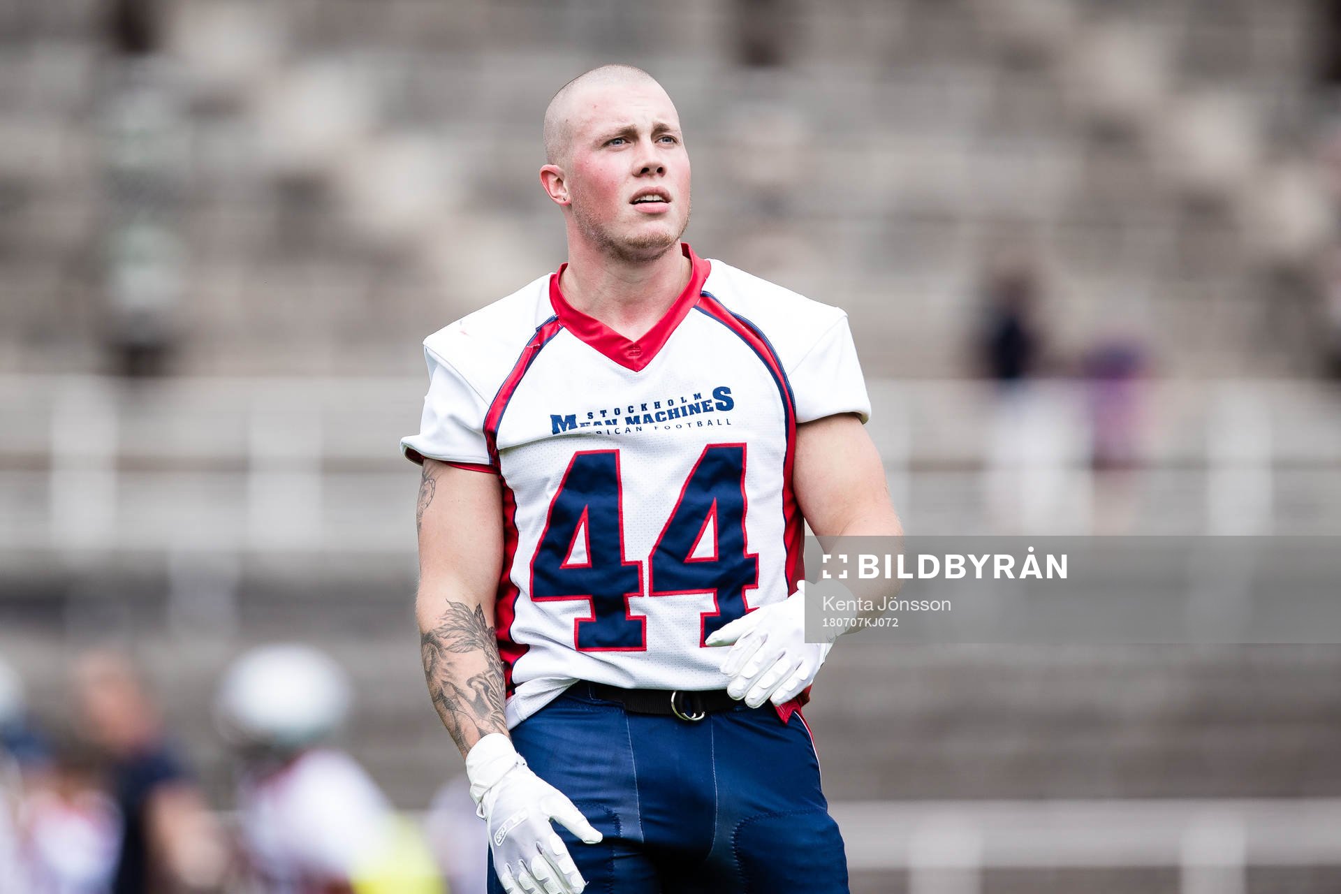 Stockholm Mean Machines Victor Frank under SM-finalen i amerikansk fotboll mellan Carlstad Crusaders och Stockholm Mean Machines den 7 Juli 2018 i Stockholm. 