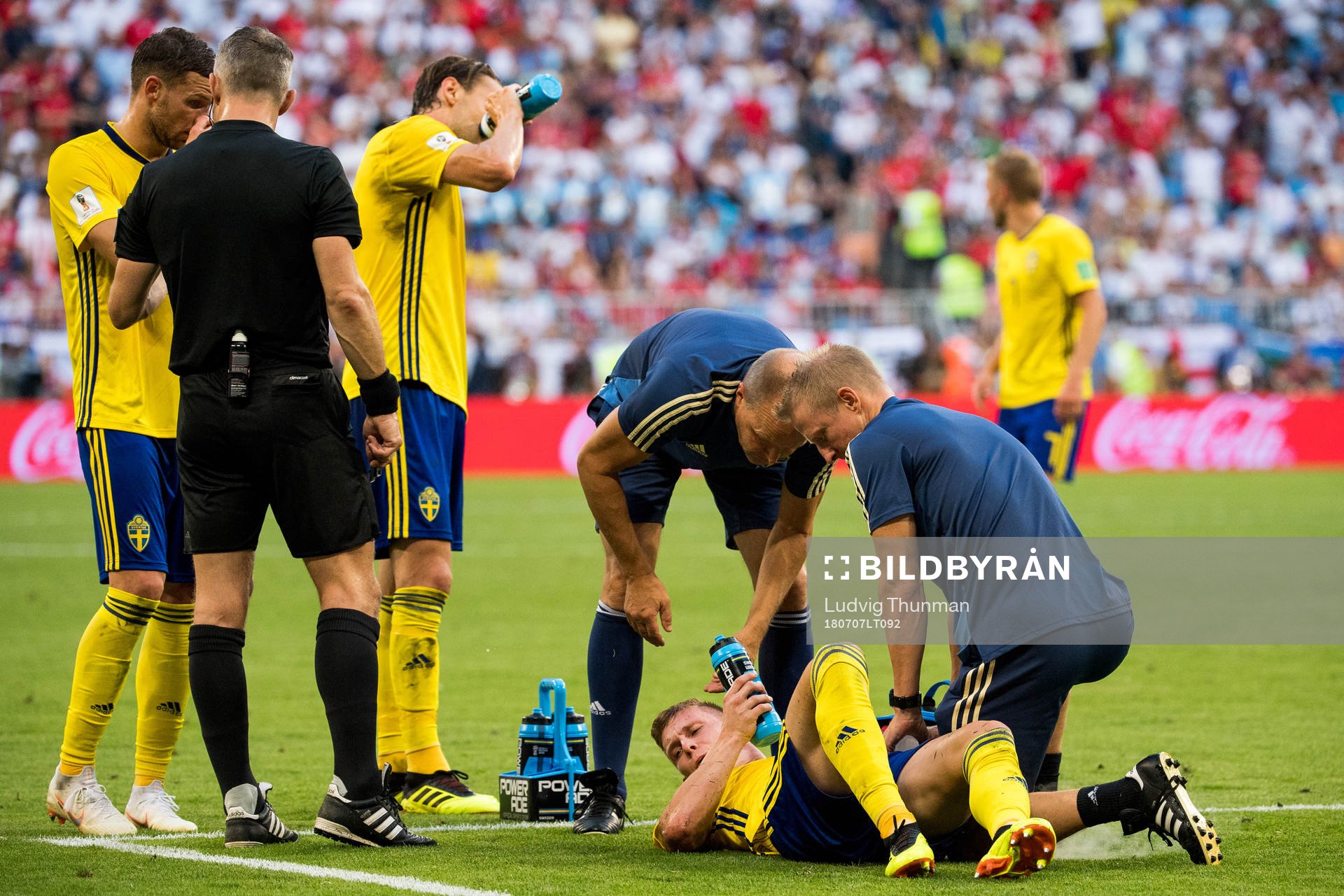 Emil Krafth of Sweden with an injury