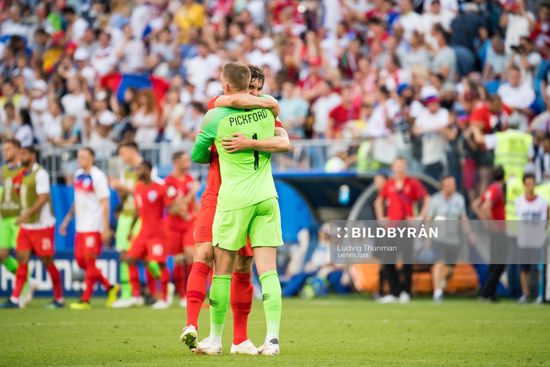 John Stones and goalkeeper Jordan Pickford of England celebrate after the FIFA World Cup quarter final match between Sweden and England on Jul 7, 2018 in Samara.