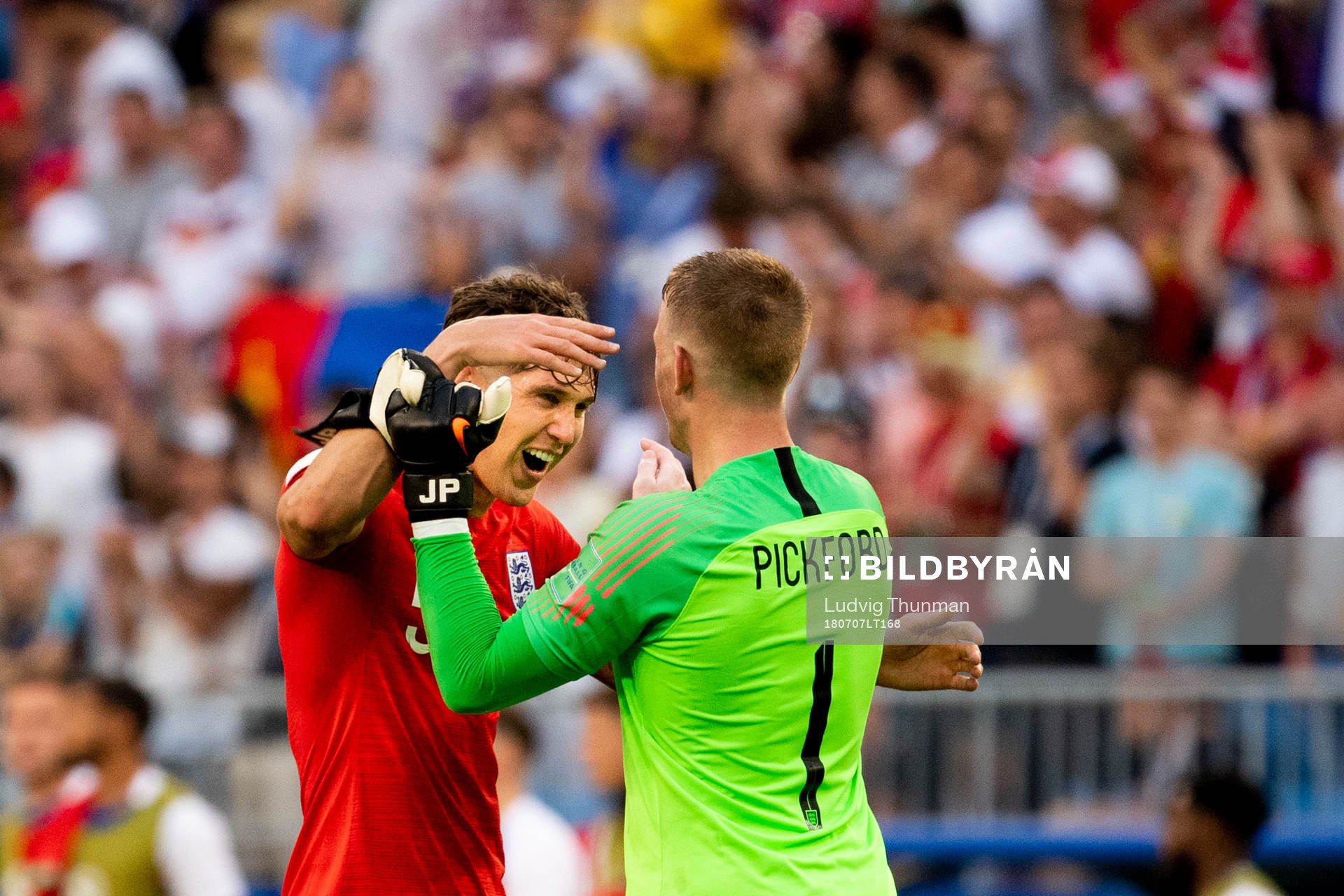 John Stones and goalkeeper Jordan Pickford celebrates after the FIFA World Cup quarter final match between Sweden and England on Jul 7, 2018 in Samara.