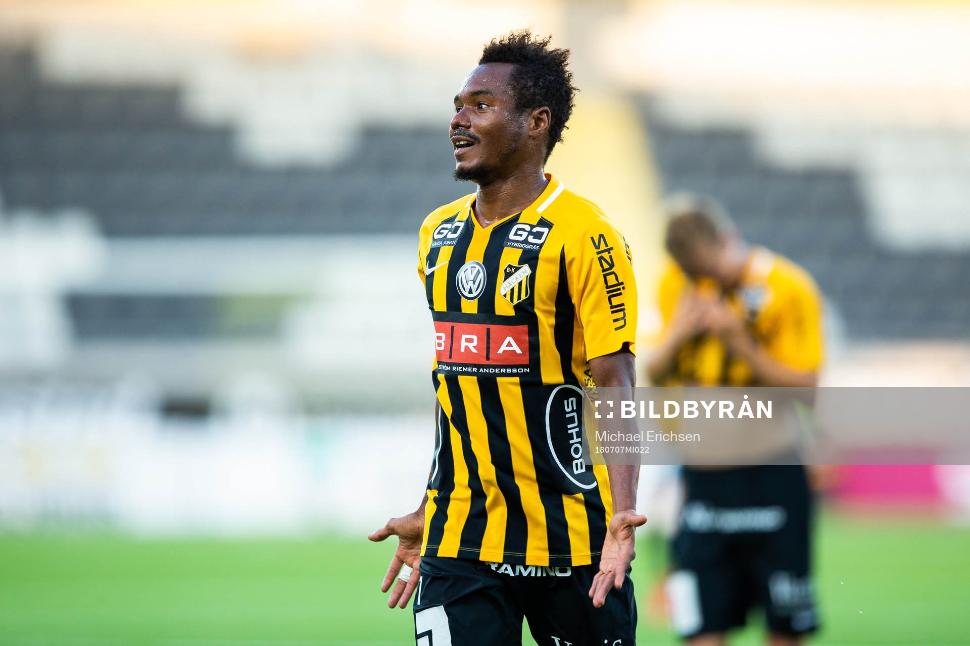 Häckens Nasiru Mohammed jublar efter att han gjort 3-0 under fotbollsmatchen i allsvenskan mellan Häcken och GIF Sundsvall den 7 juli 2018 i Göteborg.