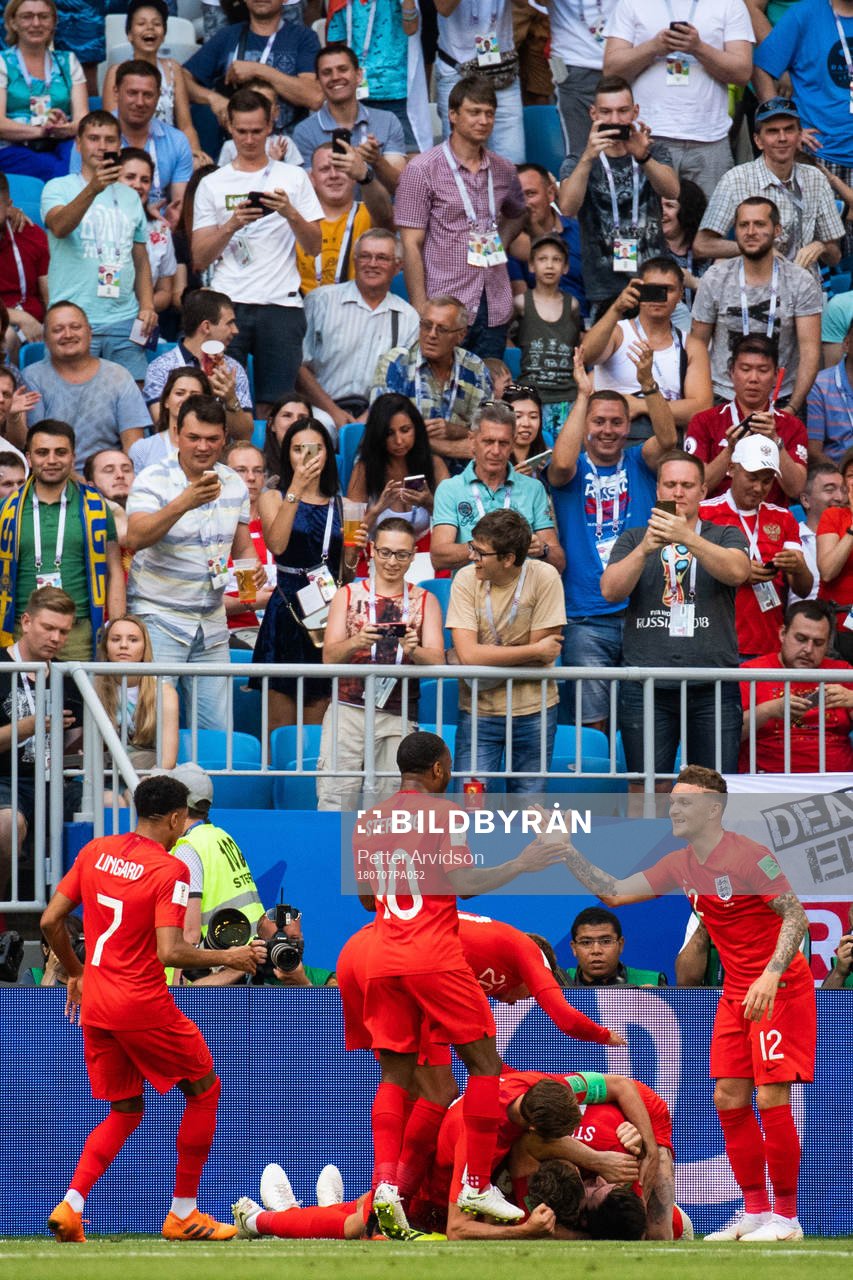Players of England celebrate after Harry Maguire of England scored 0-1 during the FIFA World Cup quarter final match between Sweden and England on July 7, 2018 in Samara.