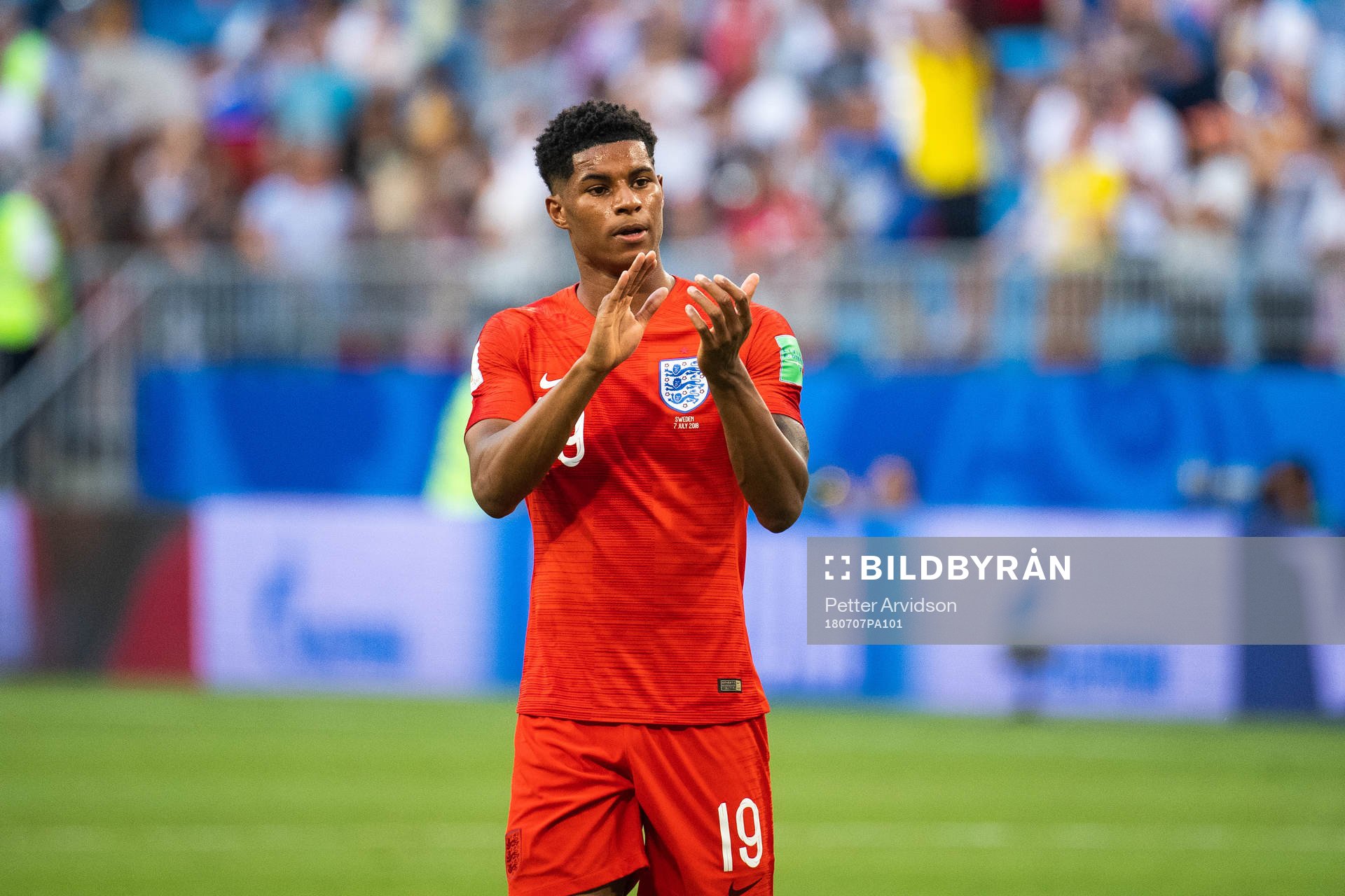 Marcus Rashford of England celebrates after winning the FIFA World Cup quarter final match between Sweden and England on July 7, 2018 in Samara.