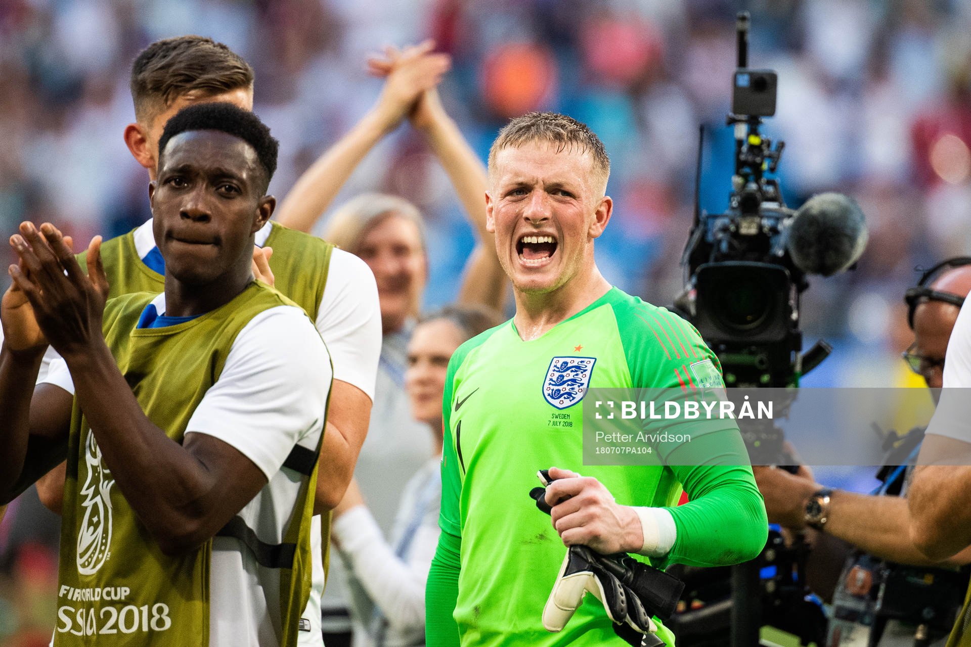 Goalkeeper Jordan Pickford of England celebrates after winning the FIFA World Cup quarter final match between Sweden and England on July 7, 2018 in Samara.