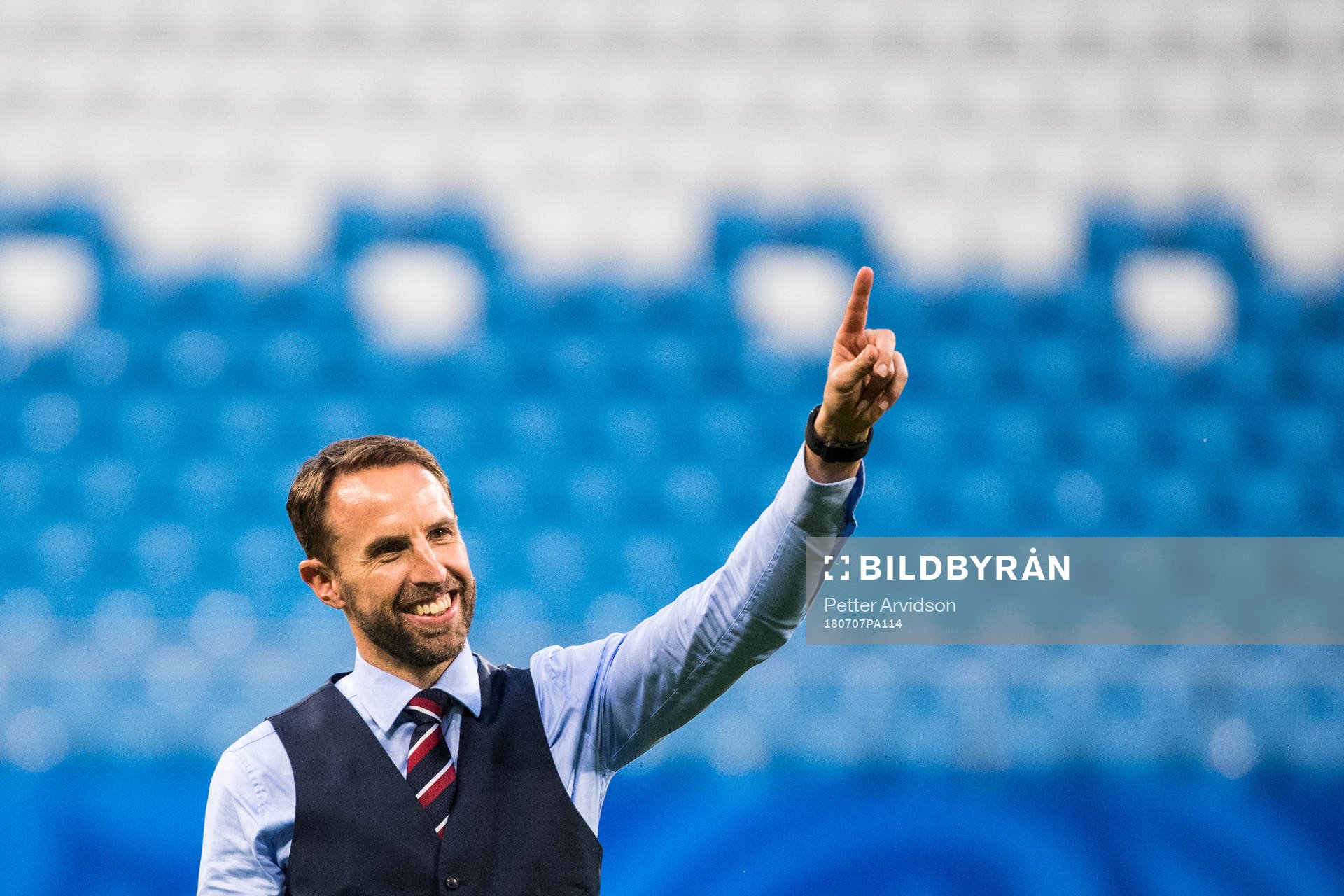 Head coach Gareth Southgate of England celebrates after the FIFA World Cup quarter final match between Sweden and England on July 7, 2018 in Samara.